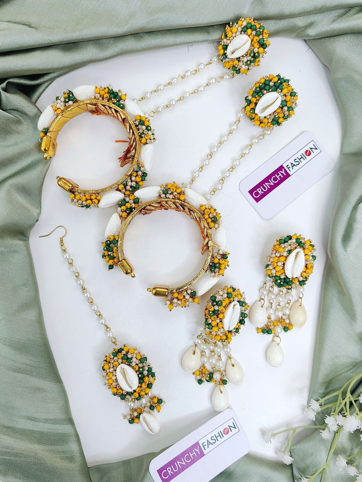 Yellow Haldi Mehndi Sea Shell jewellery set, Gold Plated, Flower Design for Women's Festive and Wedding occasions