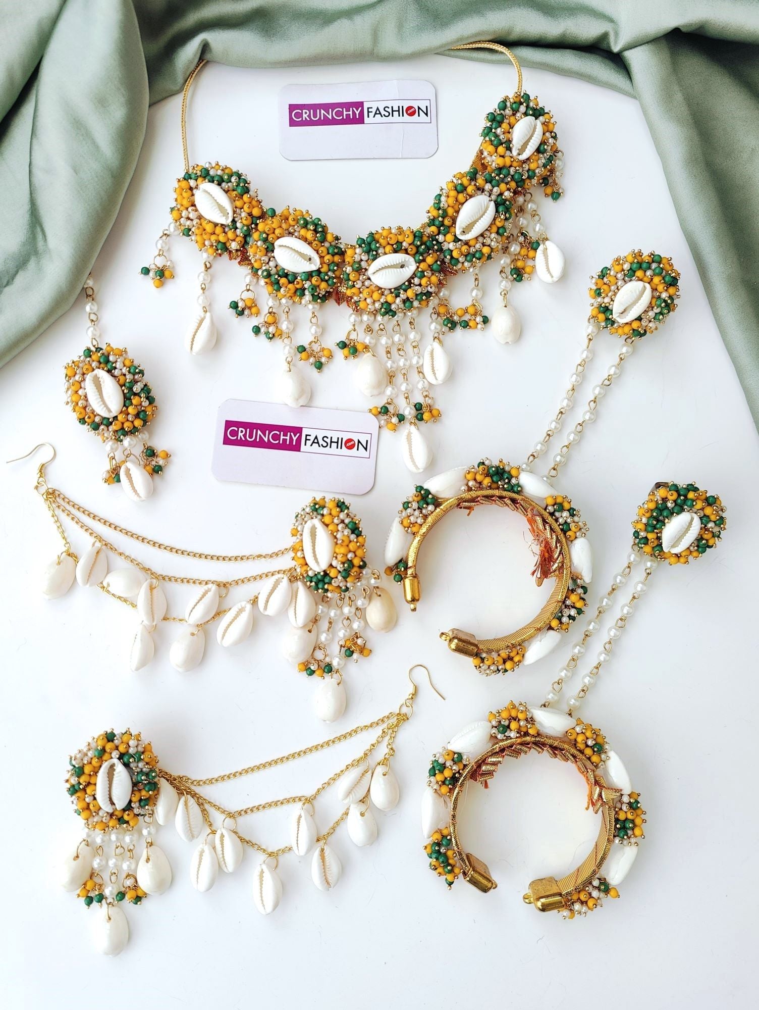 Yellow Haldi Mehndi Sea Shell jewellery set, Gold Plated, Flower Design for Women's Festive and Wedding occasions