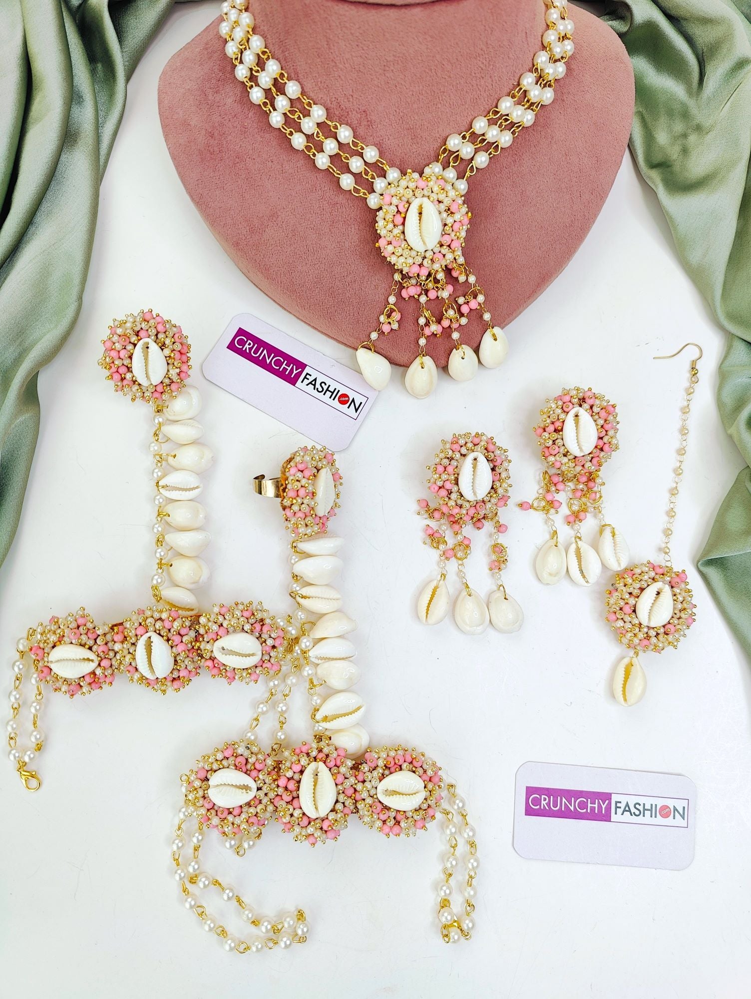 Light pink flower design sea shell haldi mehndi jewellery set with gold plating for women and girls