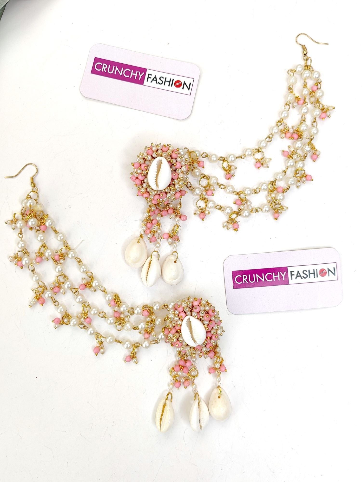 Light pink flower design sea shell haldi mehndi jewellery set with gold plating for women and girls