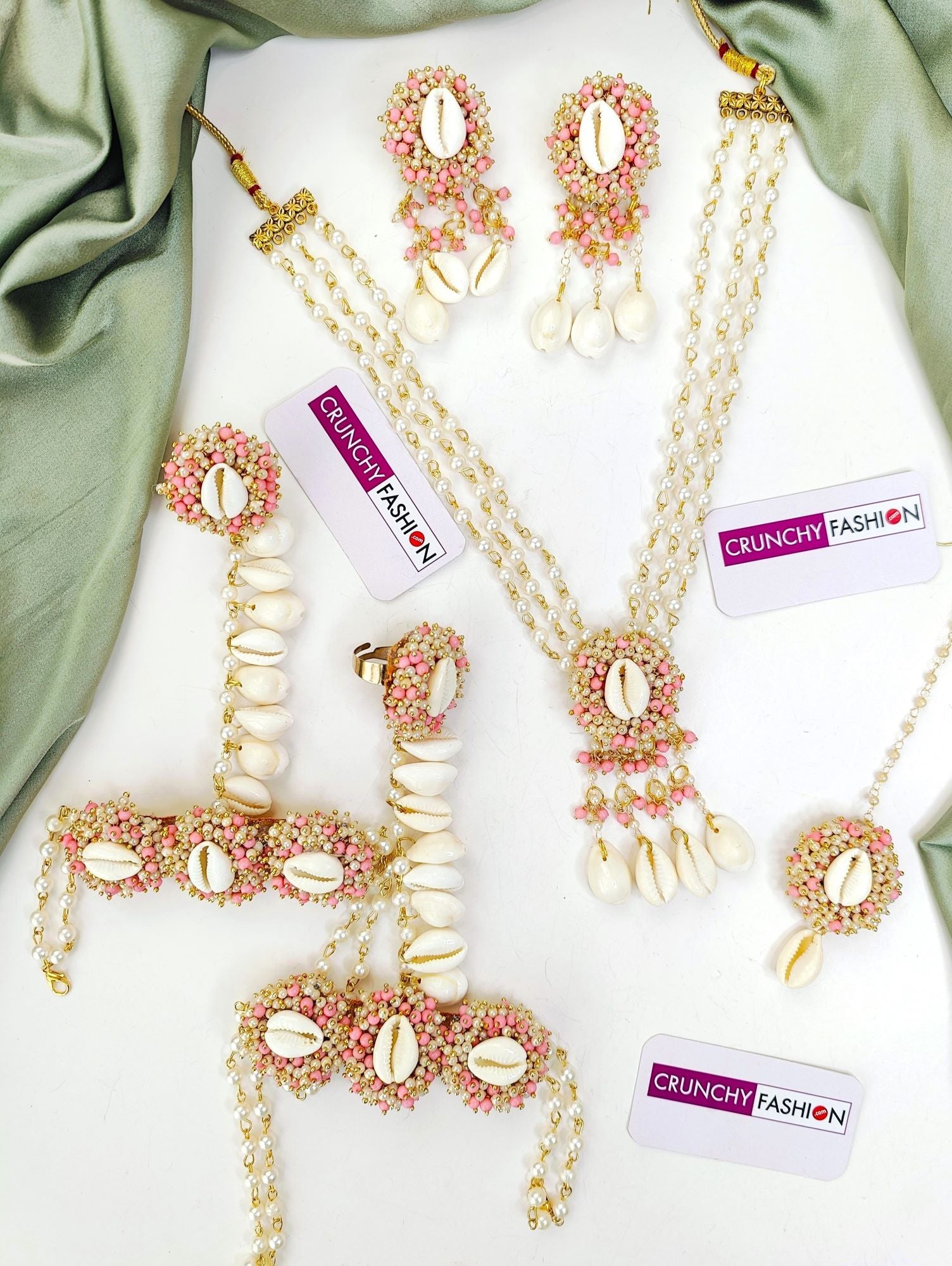 Light pink flower design sea shell haldi mehndi jewellery set with gold plating for women and girls