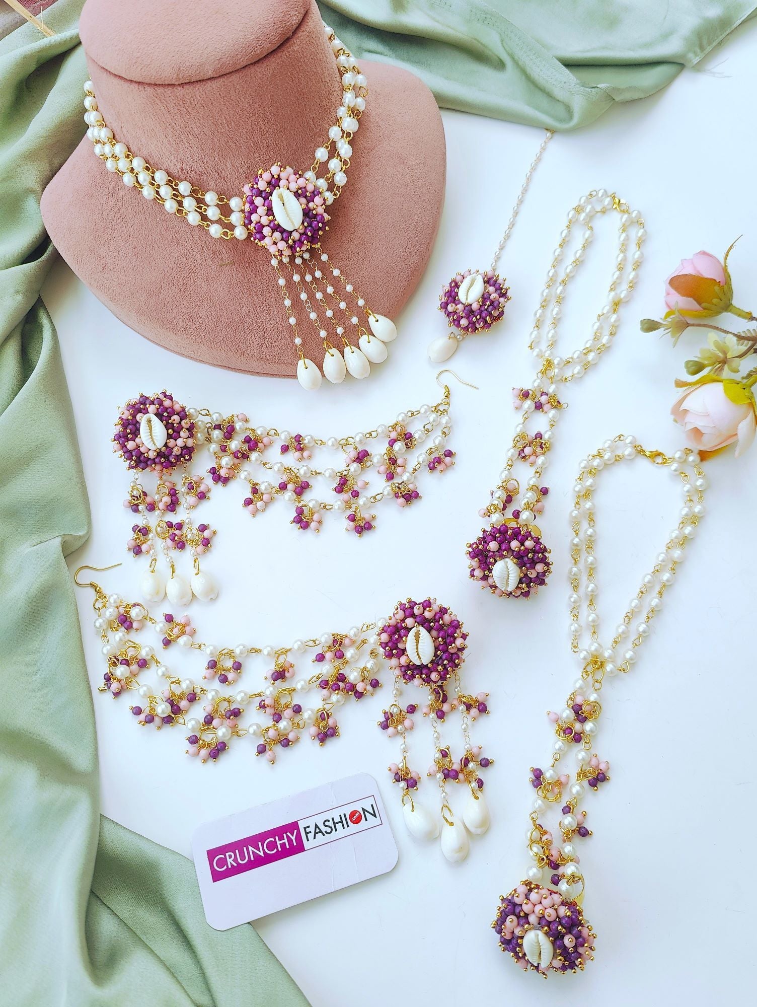 Lavender Haldi Mehndi Jewellery Set crafted with Sea Shells, Gold Plating, and Flower Design for Women and Girls