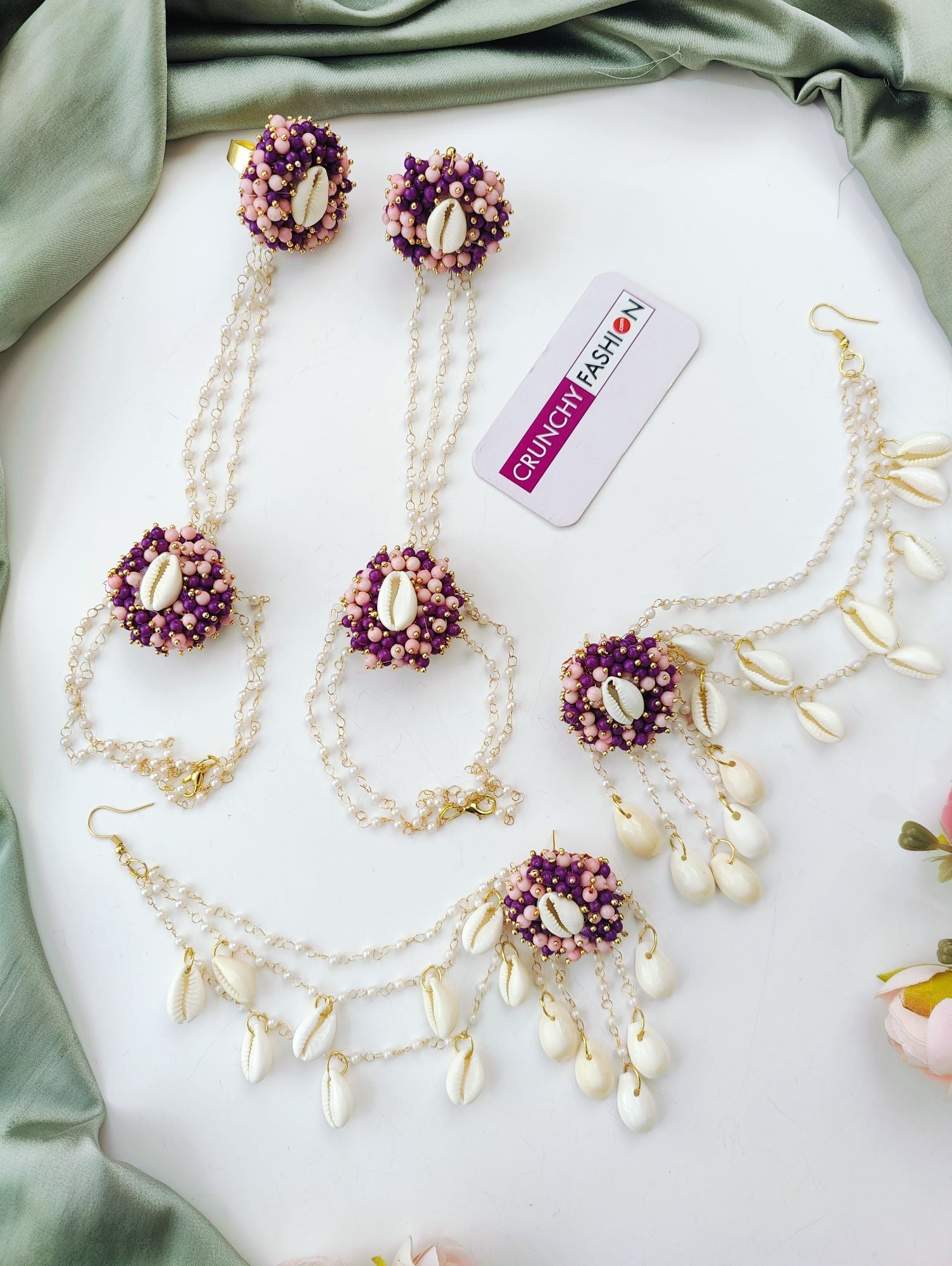 Lavender Haldi Mehndi Jewellery Set crafted with Sea Shells, Gold Plating, and Flower Design for Women and Girls