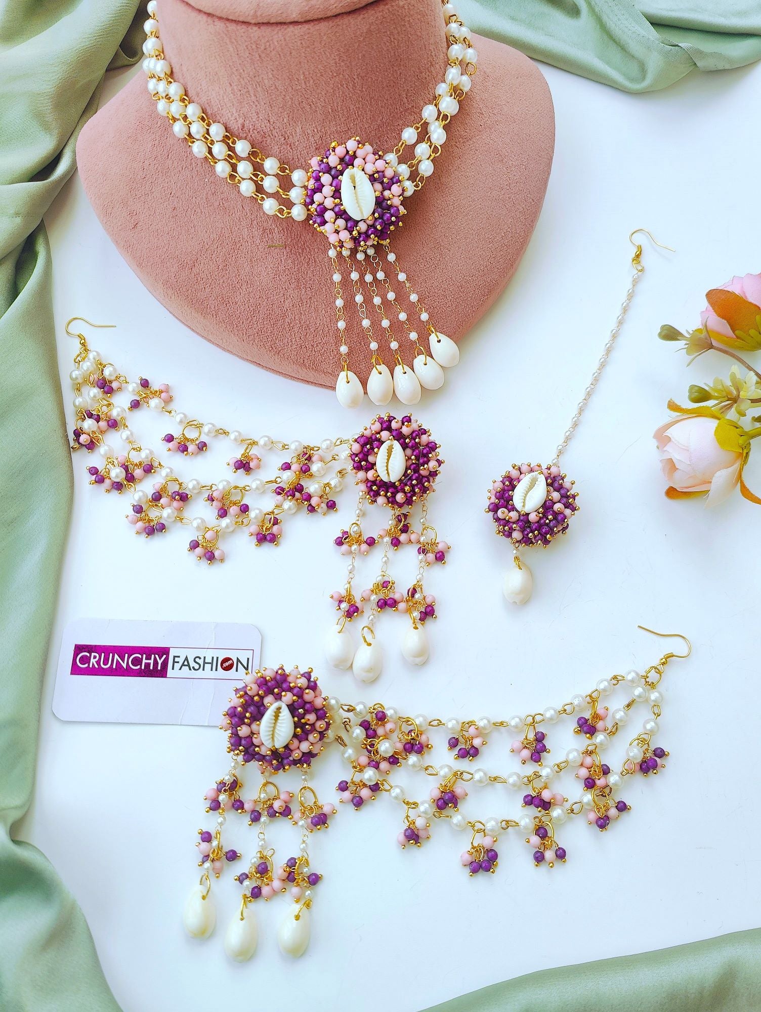 Pearl And Cowrie Shell  Haldi-Mehndi Jewellery for Brides
