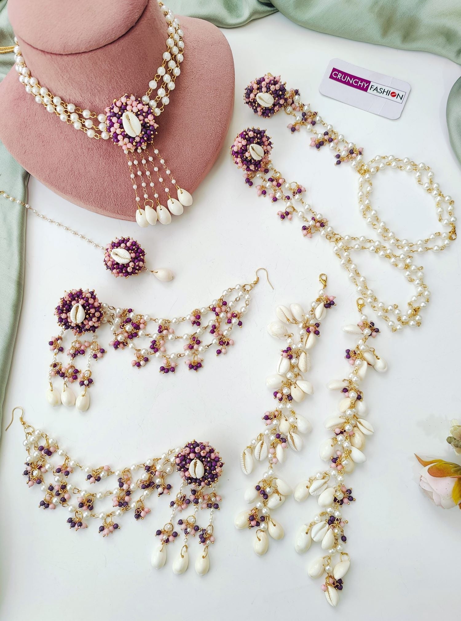 Lavender Haldi Mehndi Jewellery Set crafted with Sea Shells, Gold Plating, and Flower Design for Women and Girls