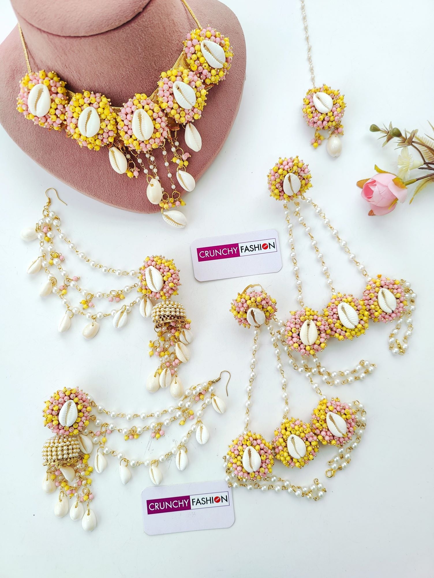 Women's Flower Design Yellow Sea Shell Haldi Mehndi Jewellery set with Gold Plating and Baby Pink accents