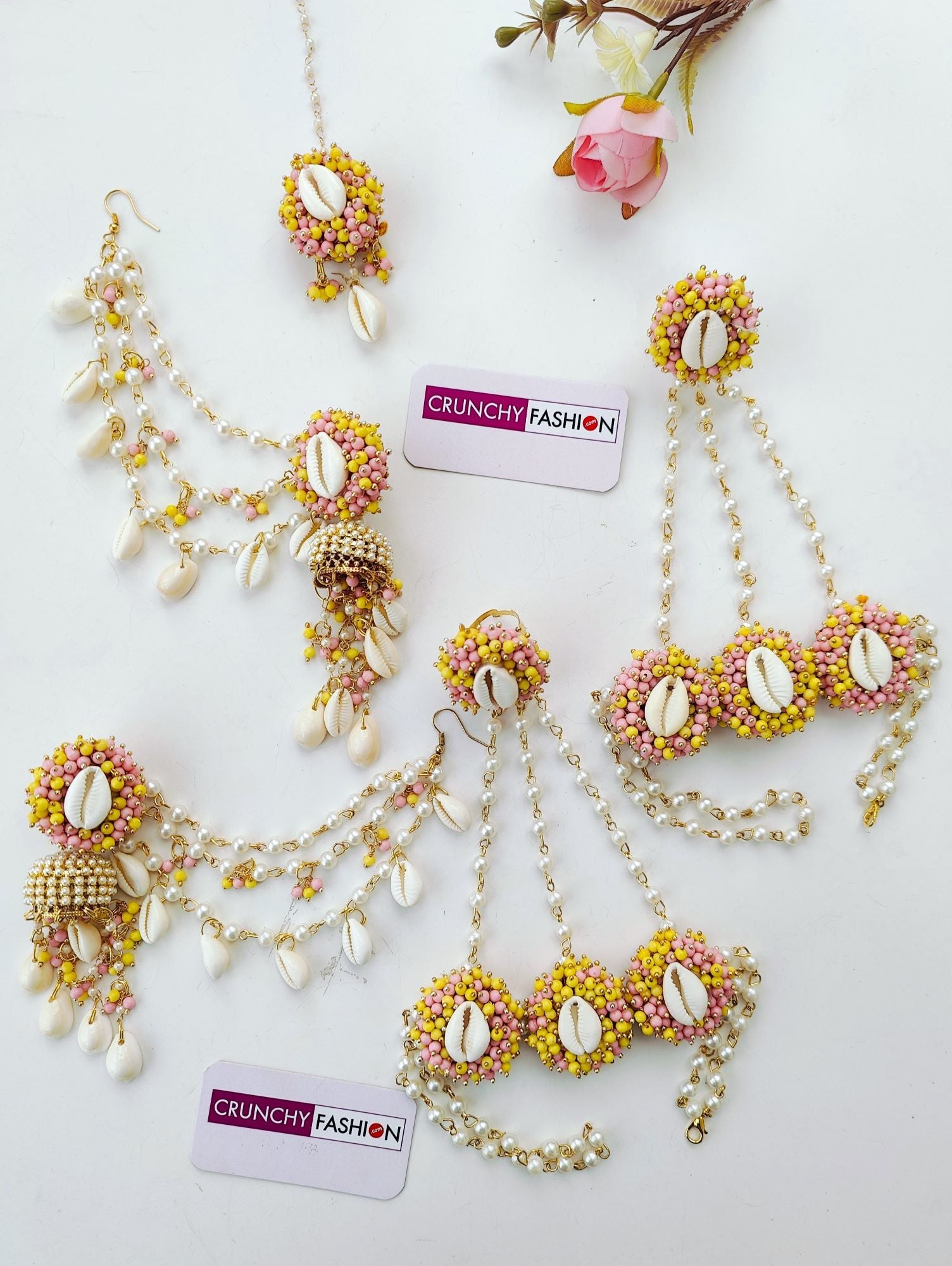 Women's Flower Design Yellow Sea Shell Haldi Mehndi Jewellery set with Gold Plating and Baby Pink accents