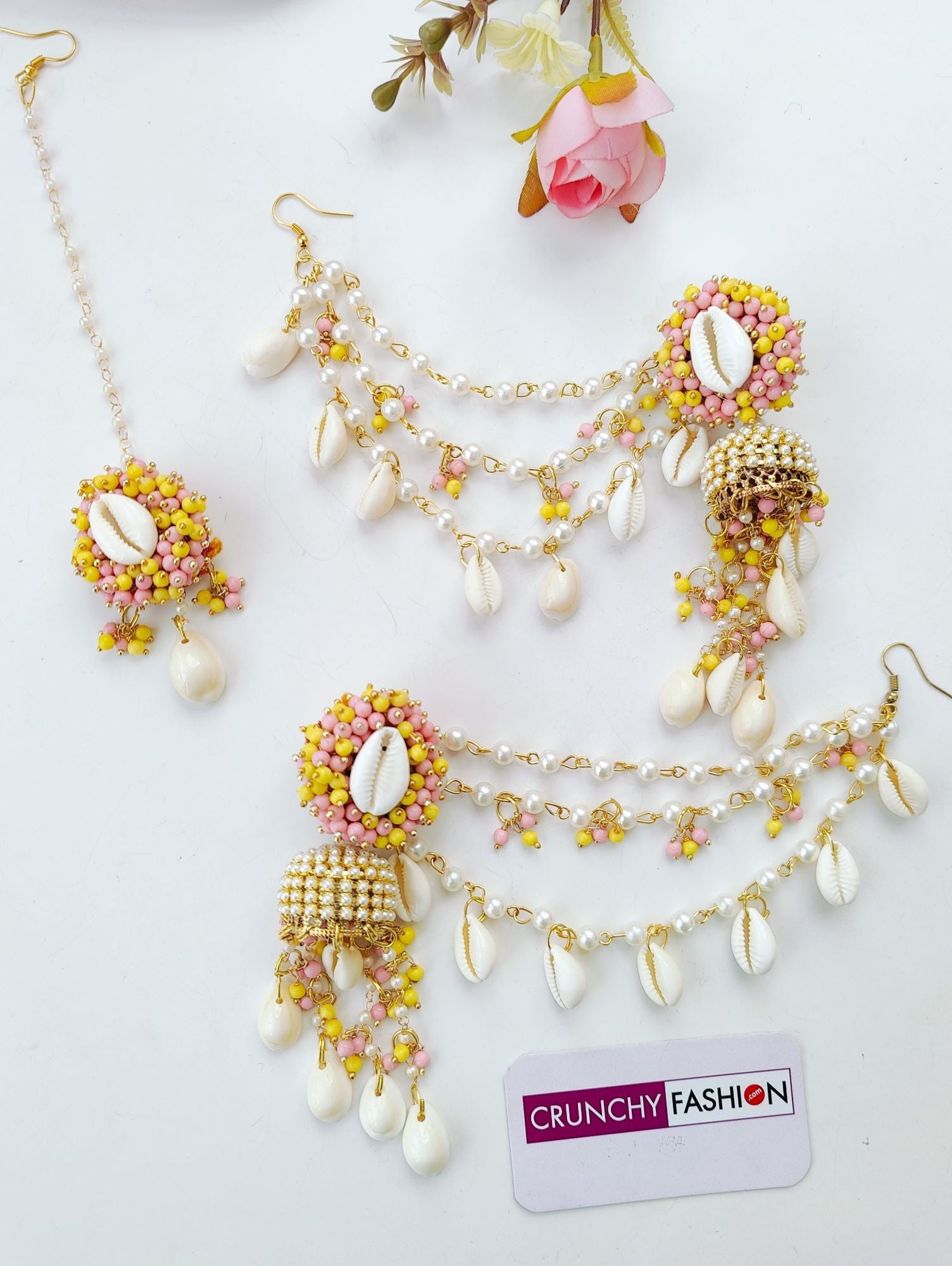 Women's Flower Design Yellow Sea Shell Haldi Mehndi Jewellery set with Gold Plating and Baby Pink accents