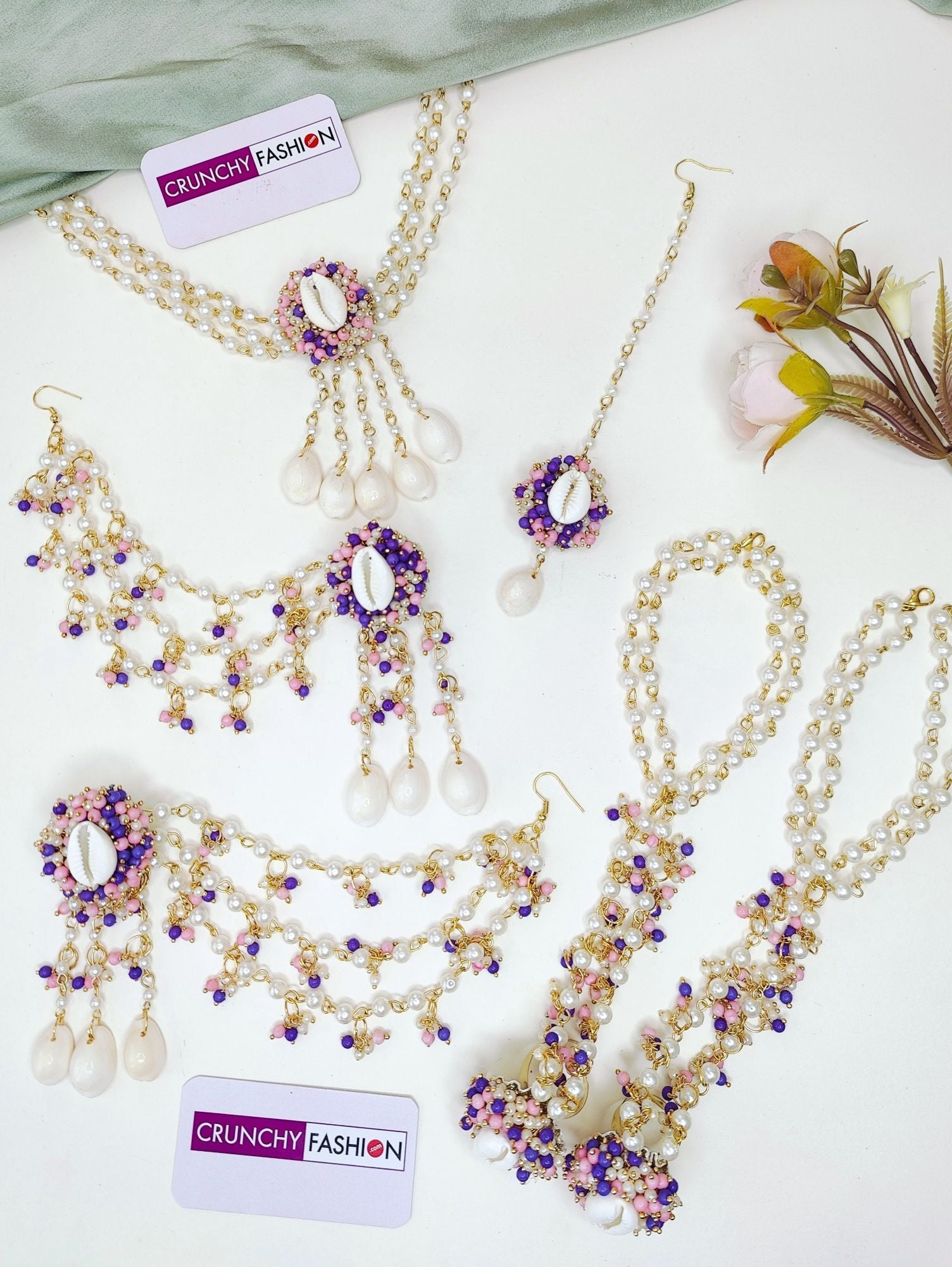 Lavender-pink pearl and sea shell jewellery set, gold-plated flower design for haldi occasion, ideal for women and girls