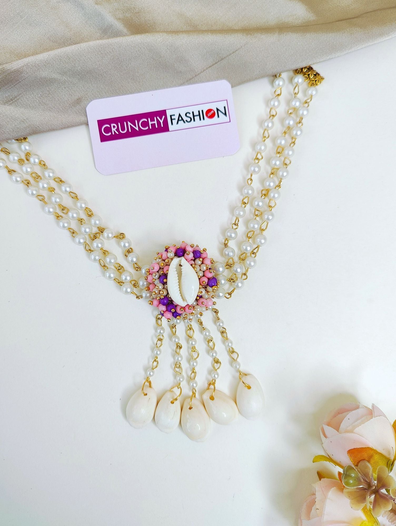 Lavender-pink pearl and sea shell jewellery set, gold-plated flower design for haldi occasion, ideal for women and girls