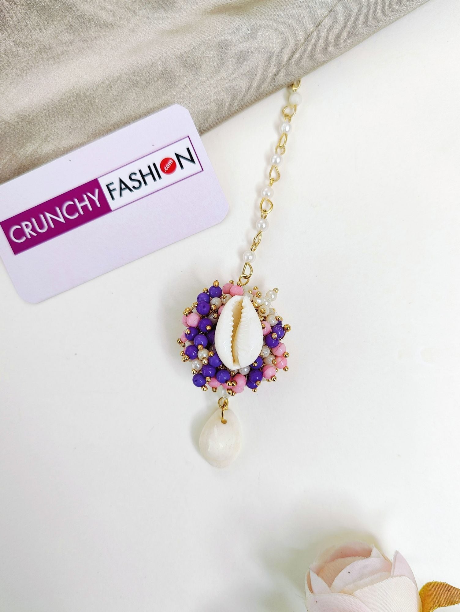 Lavender-pink pearl and sea shell jewellery set, gold-plated flower design for haldi occasion, ideal for women and girls