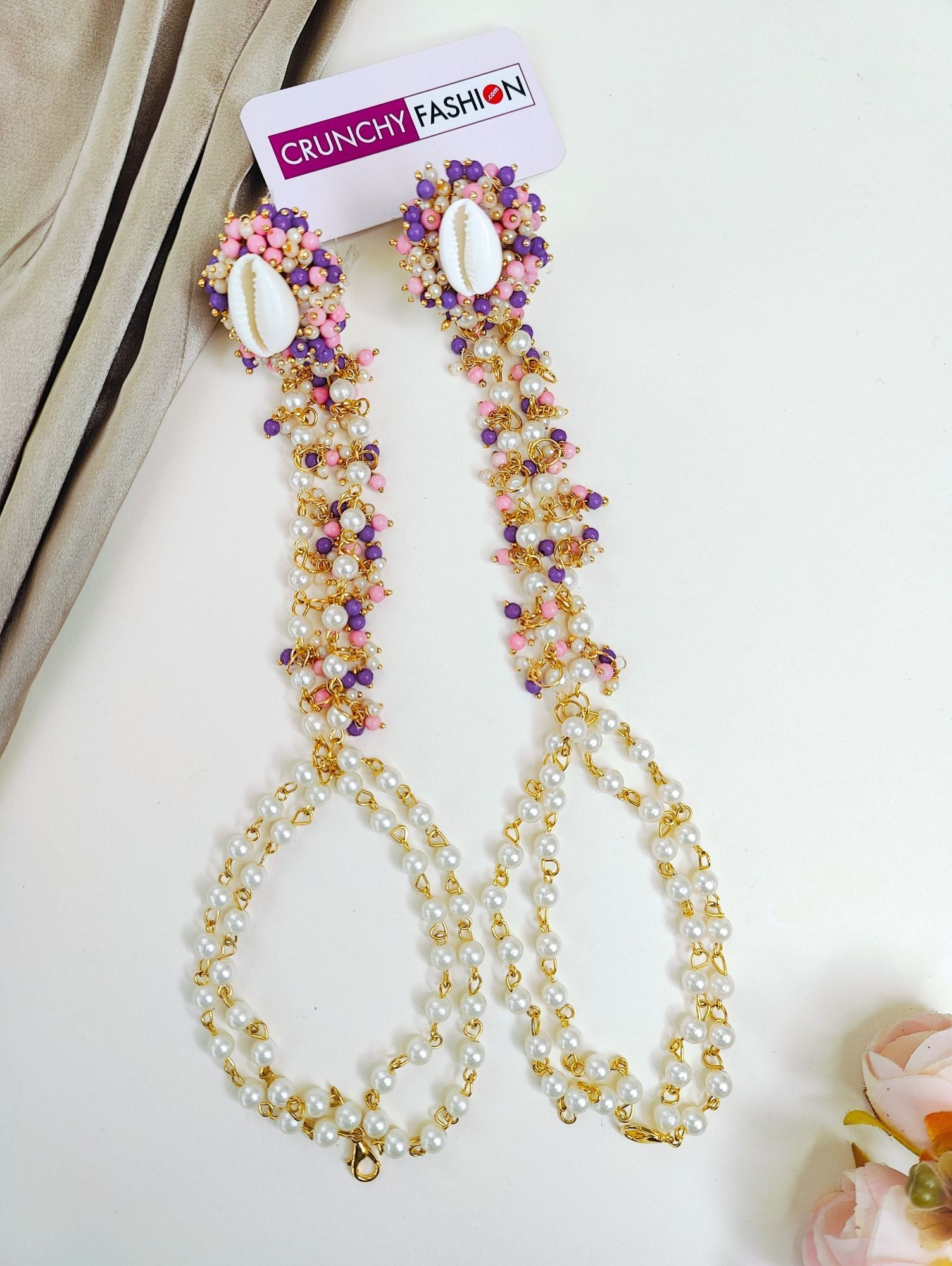 Lavender-pink pearl and sea shell jewellery set, gold-plated flower design for haldi occasion, ideal for women and girls
