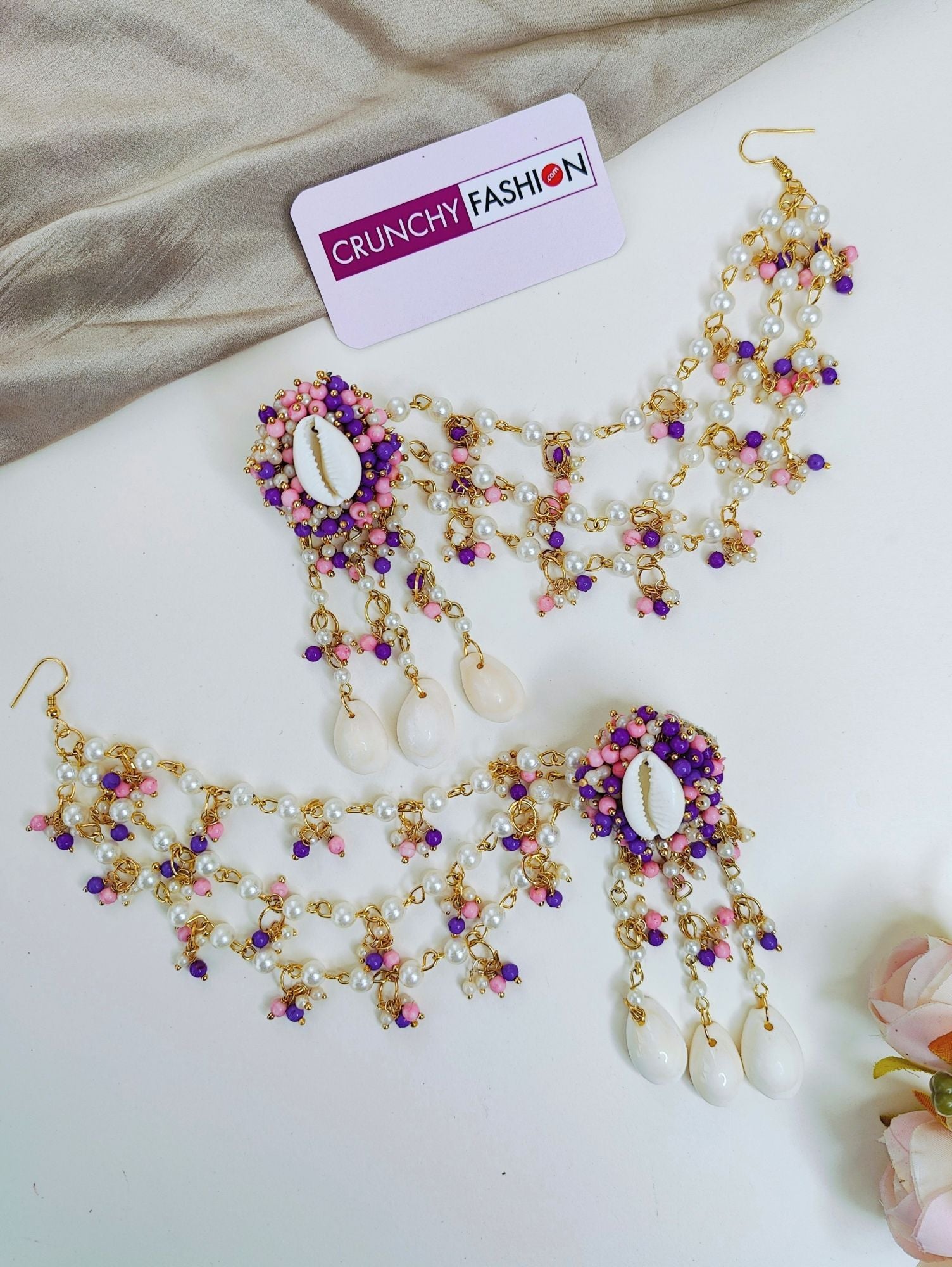 Lavender-pink pearl and sea shell jewellery set, gold-plated flower design for haldi occasion, ideal for women and girls