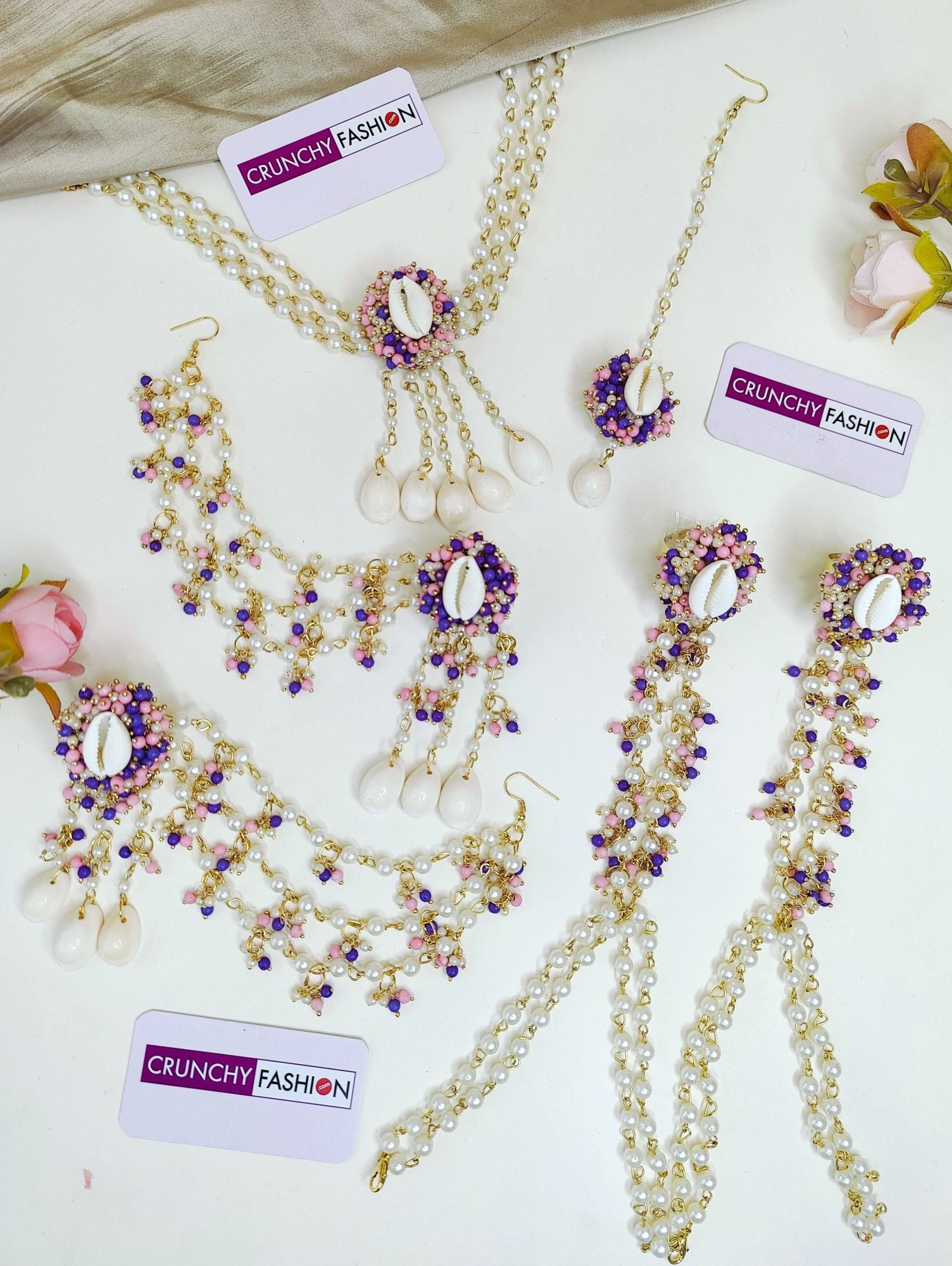 Lavender-pink pearl and sea shell jewellery set, gold-plated flower design for haldi occasion, ideal for women and girls