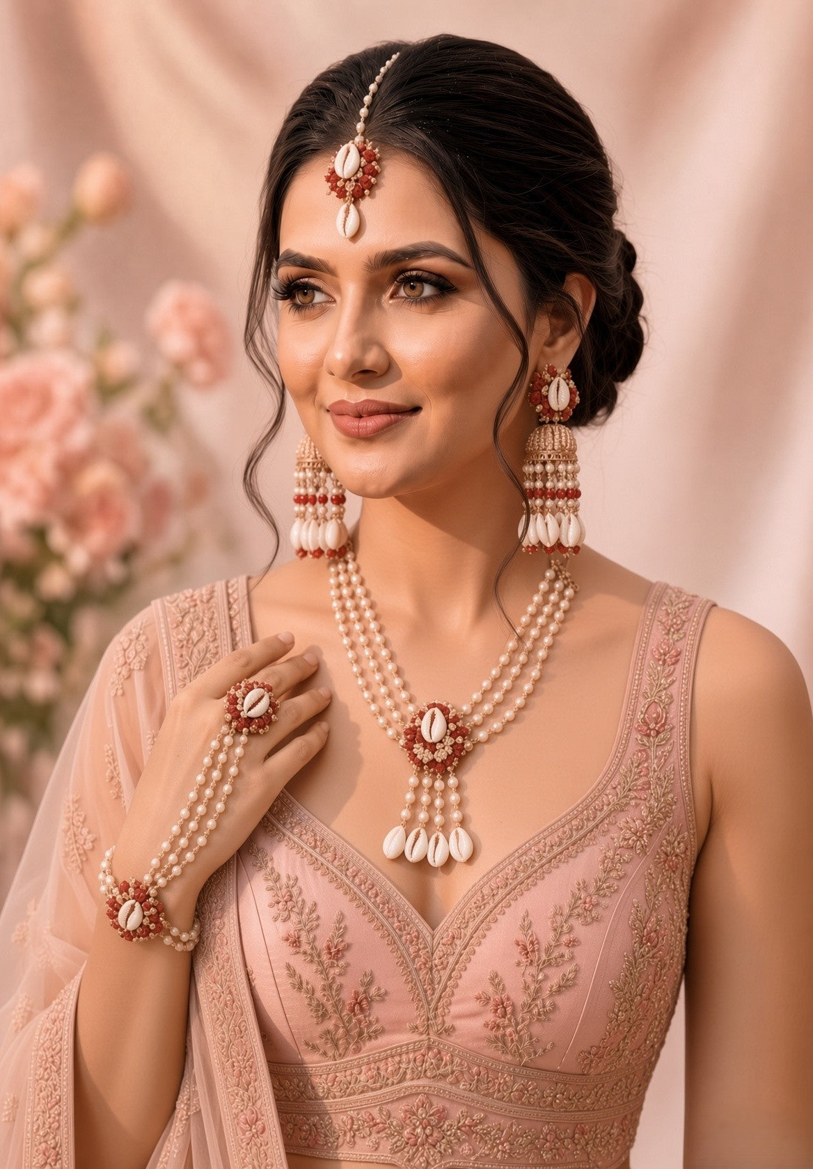 Red-White Pearl & Sea Shell Haldi Mehndi Jewelry