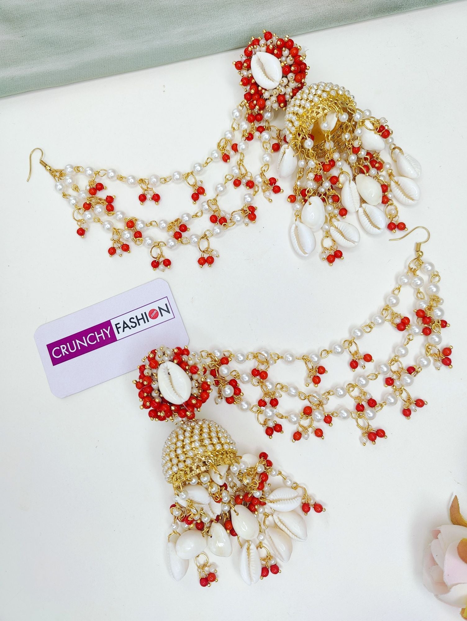 Golden Gleam Flower Red-White Pearl & Shell Haldi Mehndi Jewelry