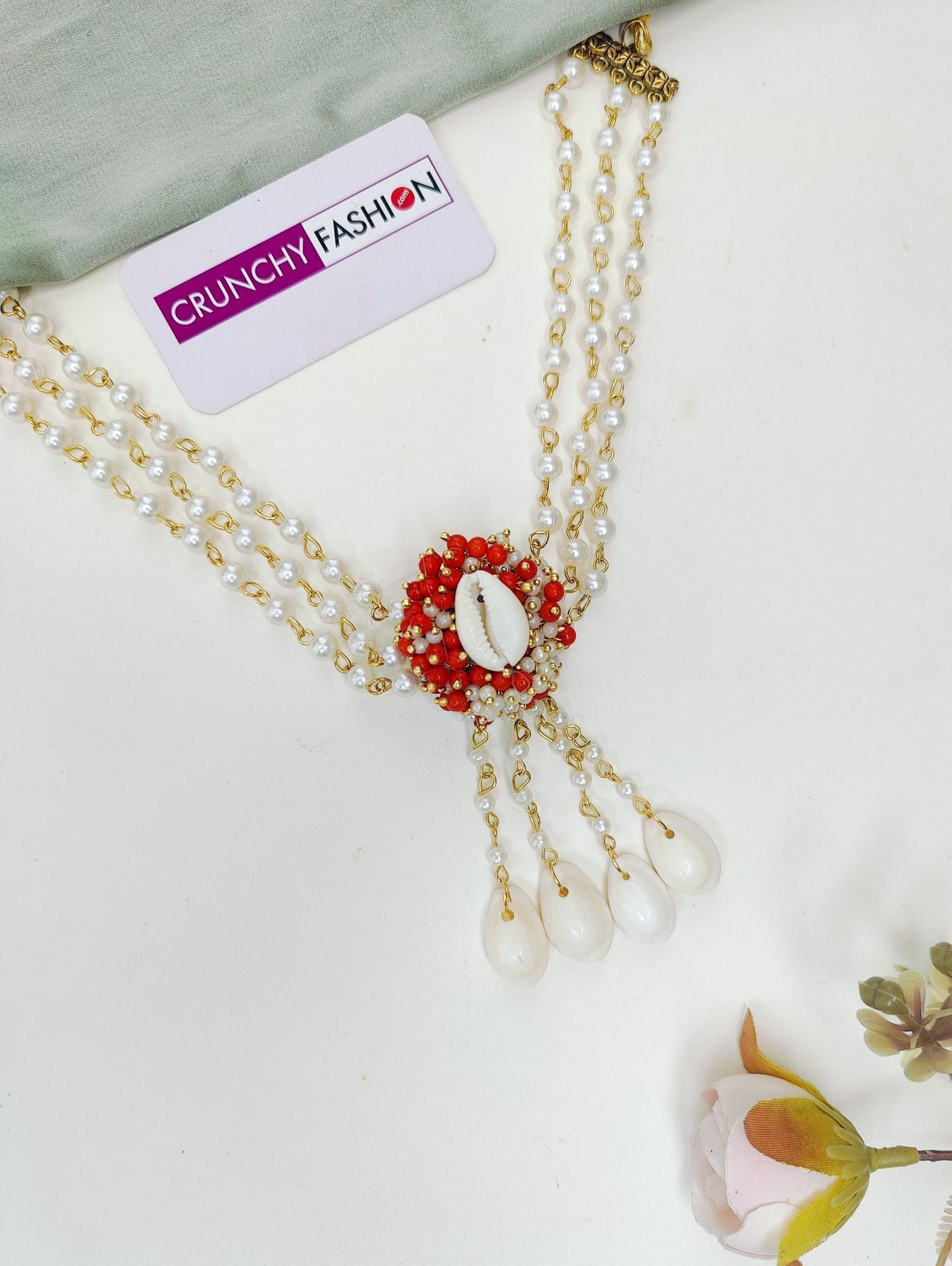 Golden Gleam Flower Red-White Pearl & Shell Haldi Mehndi Jewelry