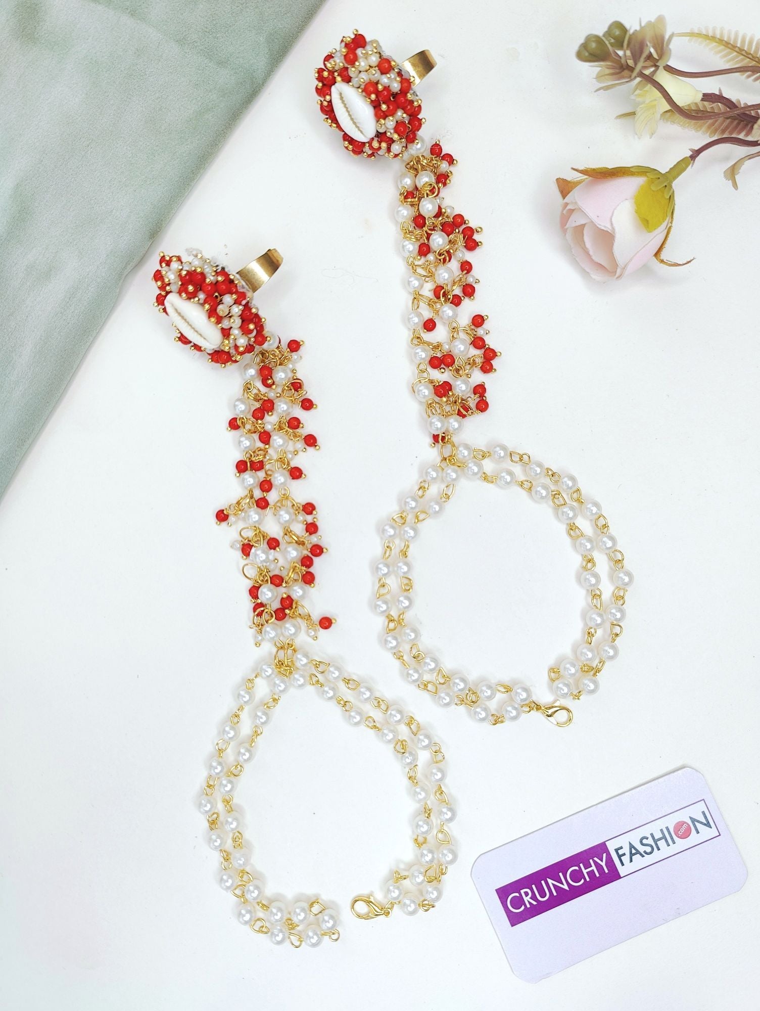 Golden Gleam Flower Red-White Pearl & Shell Haldi Mehndi Jewelry