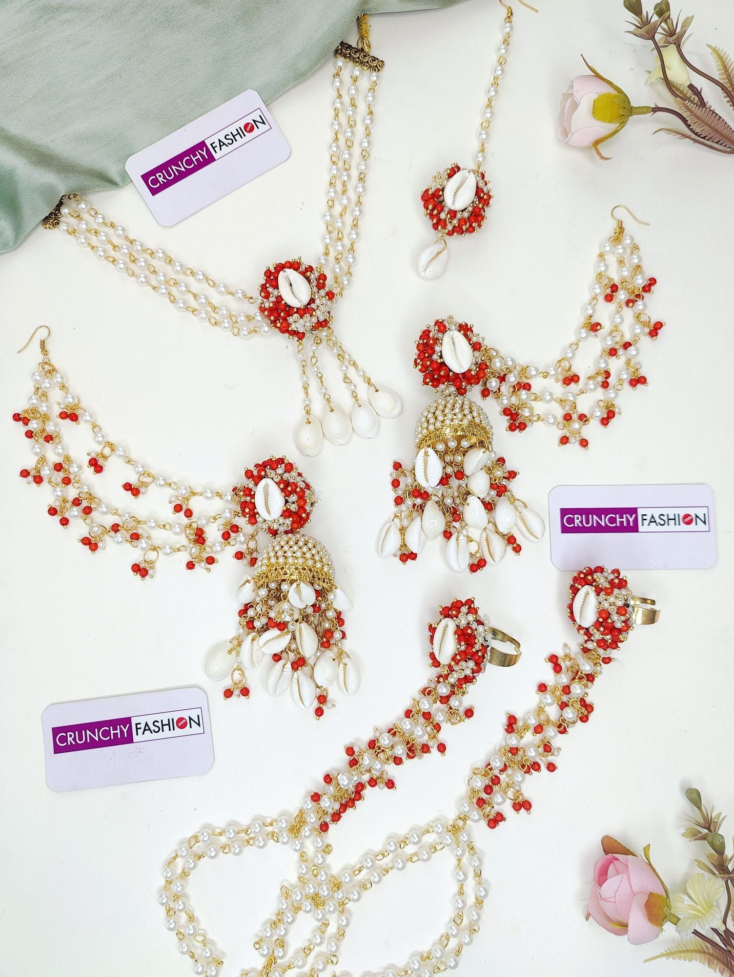 Golden Gleam Flower Red-White Pearl & Shell Haldi Mehndi Jewelry