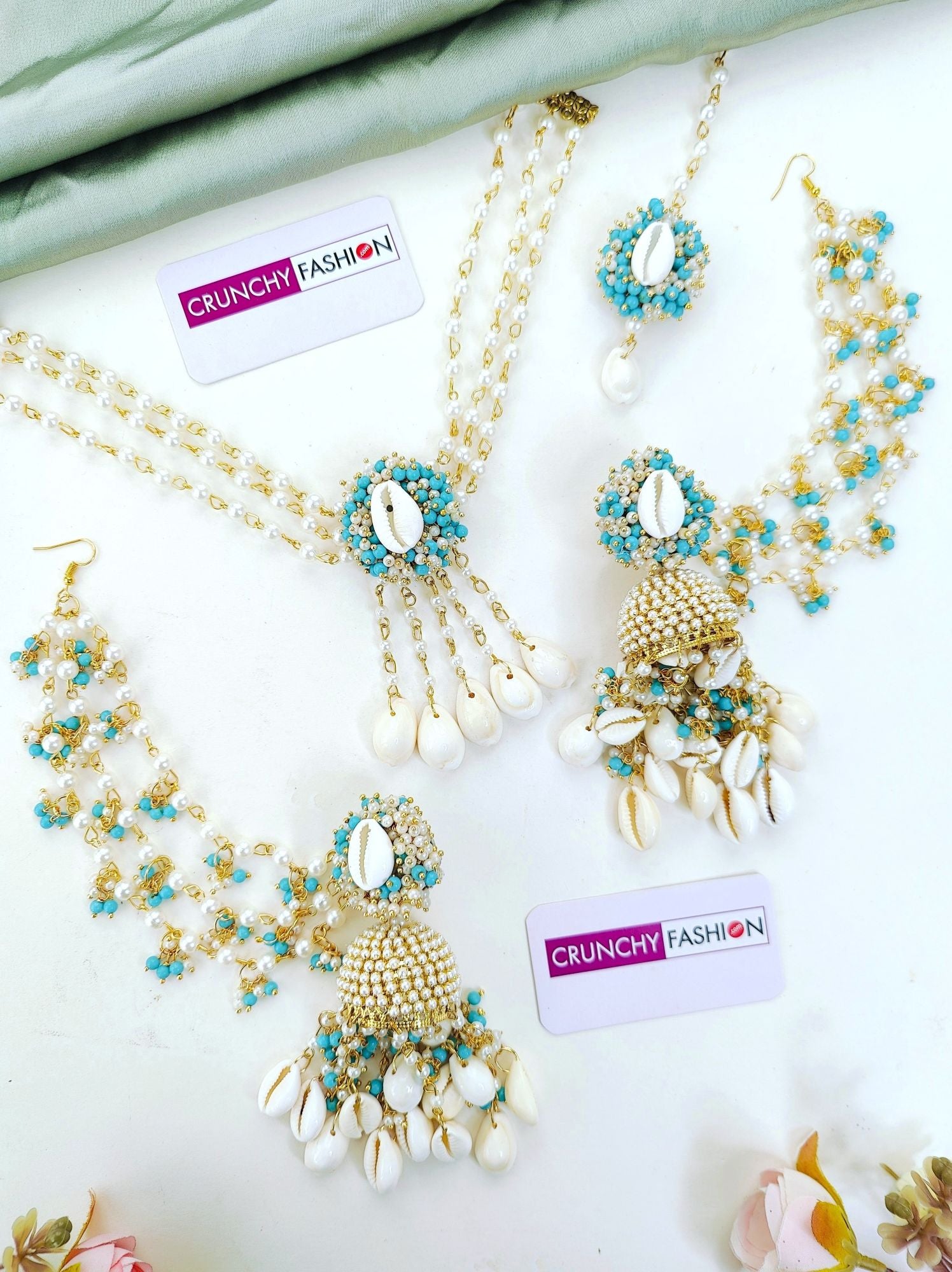 Sky Blue Haldi Mehndi Sea Shell Jewellery Set