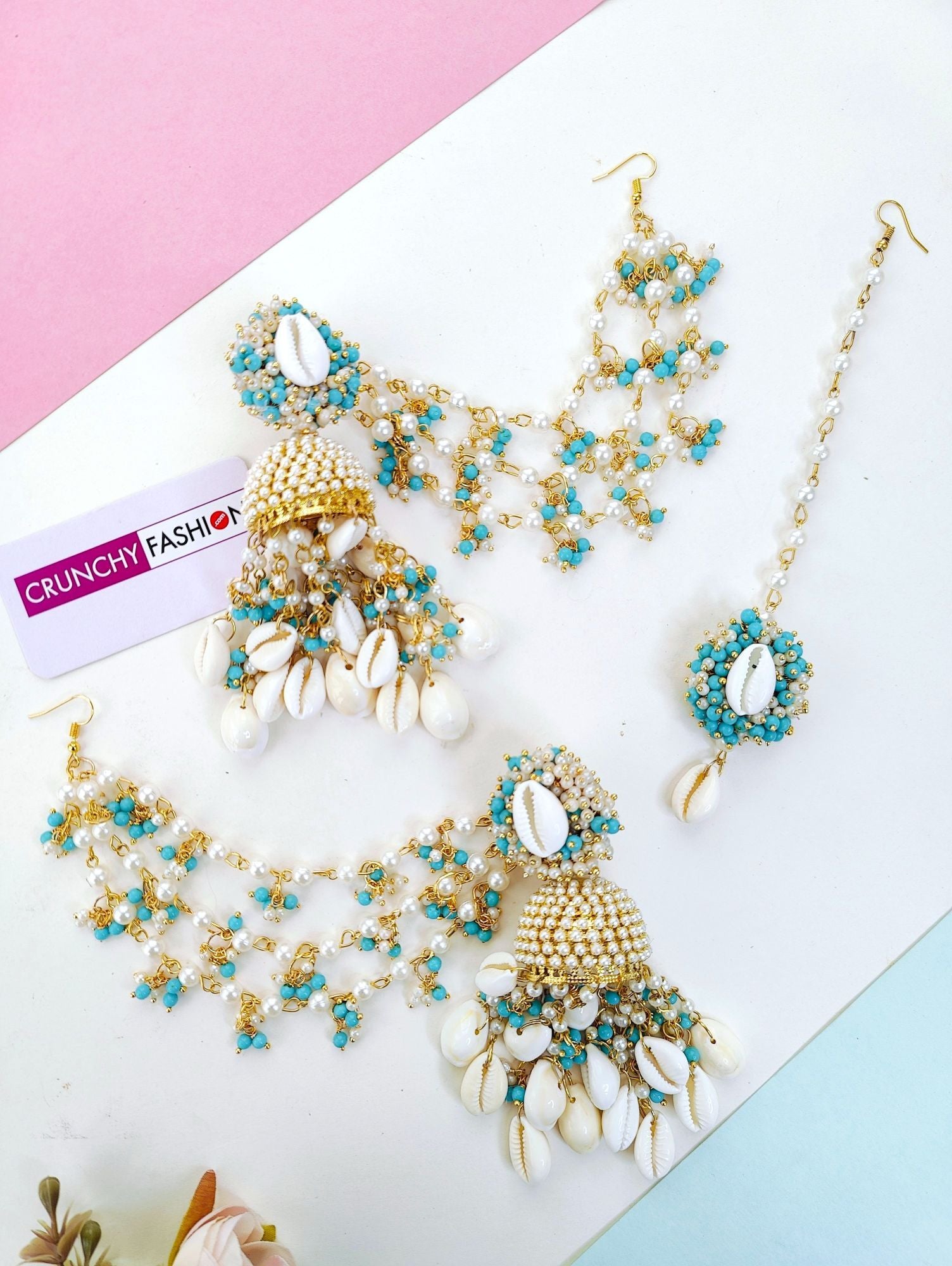 Sky Blue Haldi Mehndi Sea Shell Jewellery Set