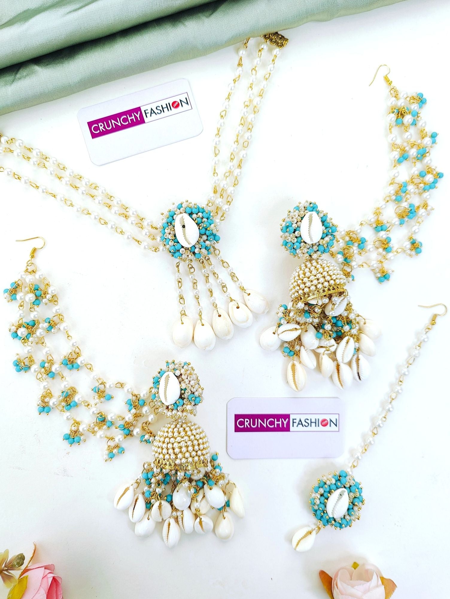 Sky Blue Haldi Mehndi Sea Shell Jewellery Set