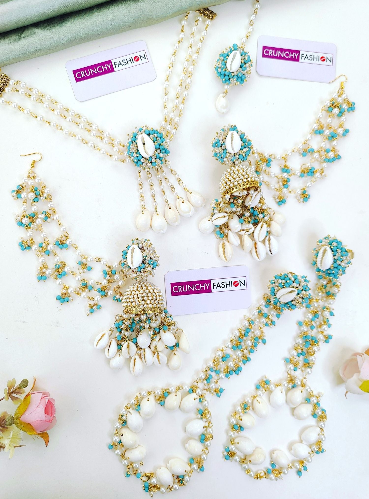 Sky Blue Haldi Mehndi Sea Shell Jewellery Set