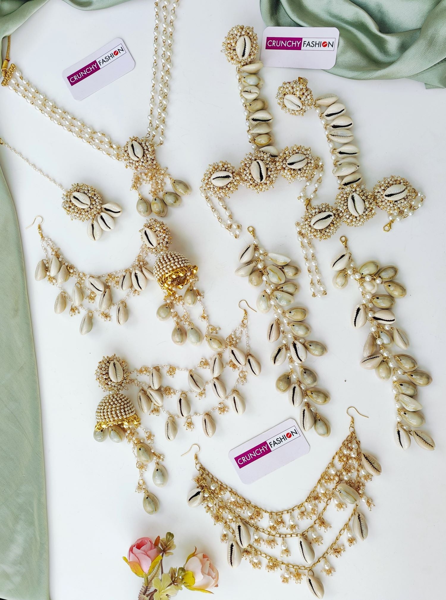 White Haldi Mehndi sea shell jewellery set, gold plated with flower design