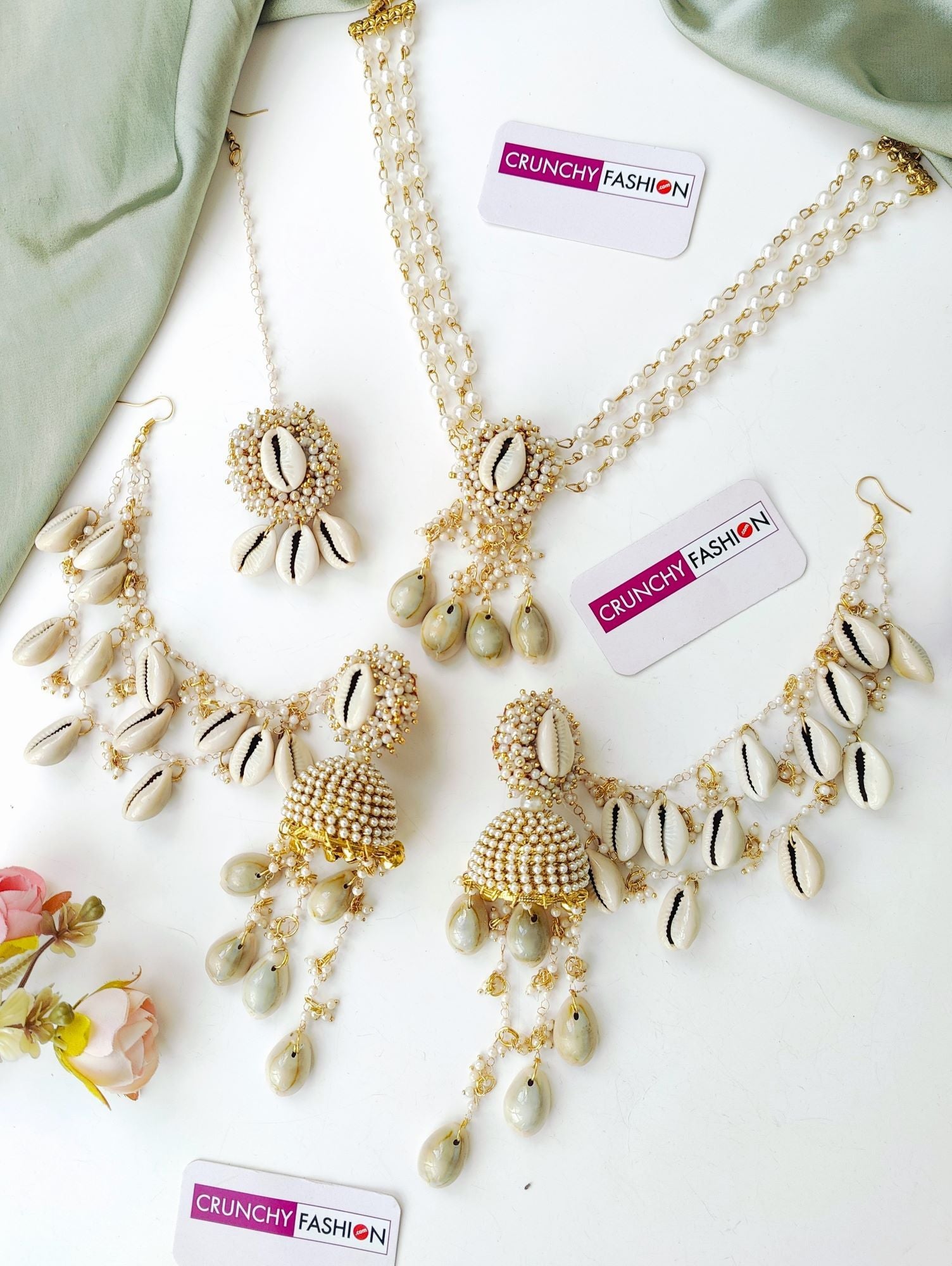 White Haldi Mehndi sea shell jewellery set, gold plated with flower design