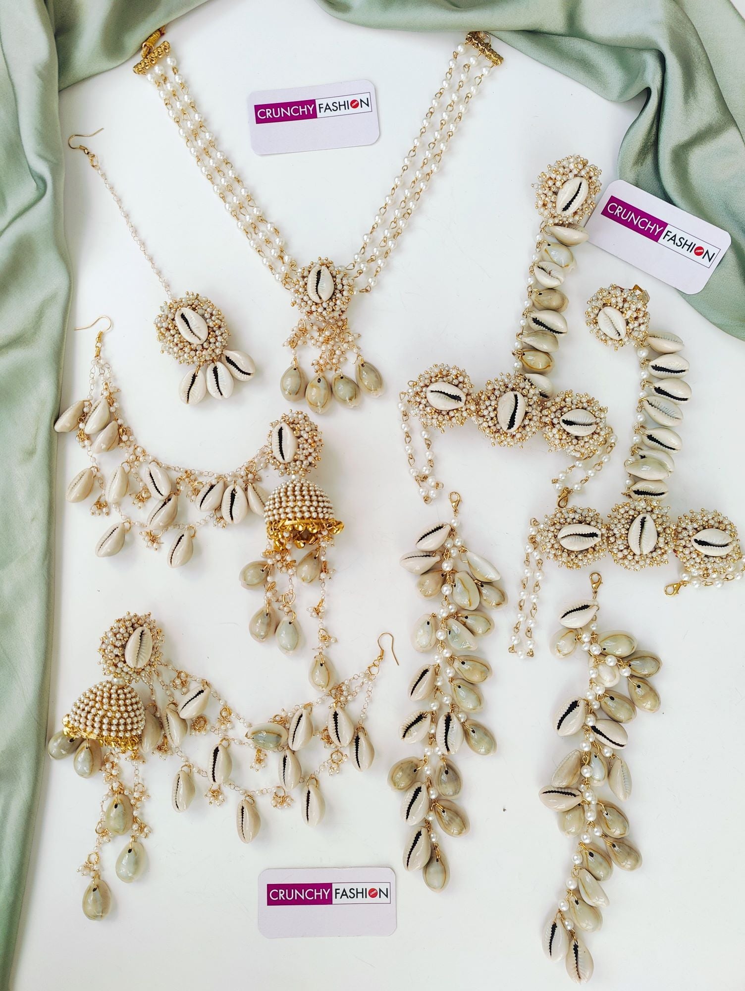 White Haldi Mehndi sea shell jewellery set, gold plated with flower design