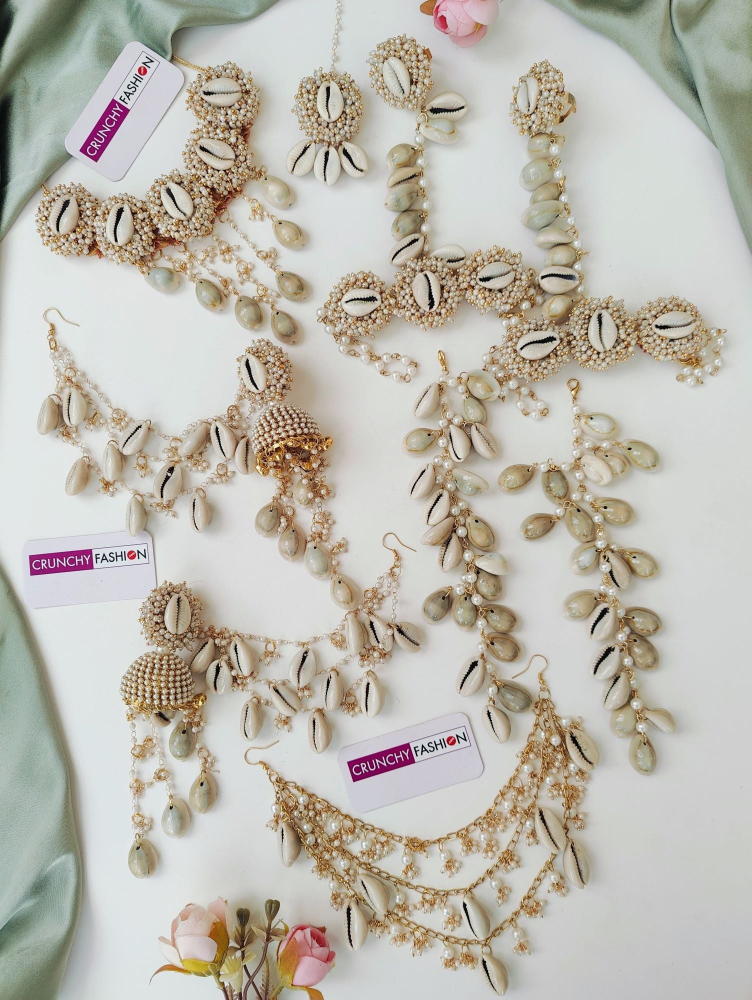 Elegant white sea shell Haldi Mehndi jewellery set with gold plating & flower design, ideal for weddings & festivals