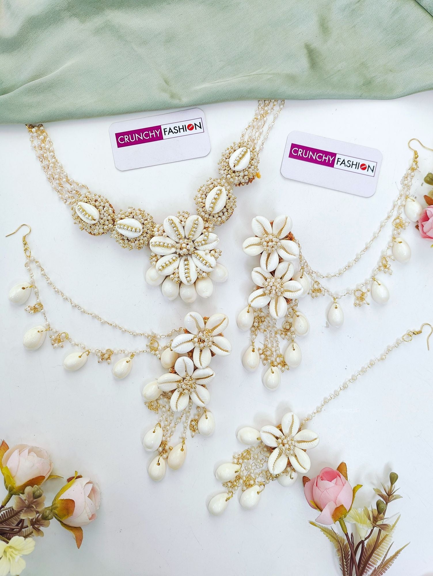Ivory Pearl & Sea Shell Jewelry Set with Kaliras for Haldi Carnival