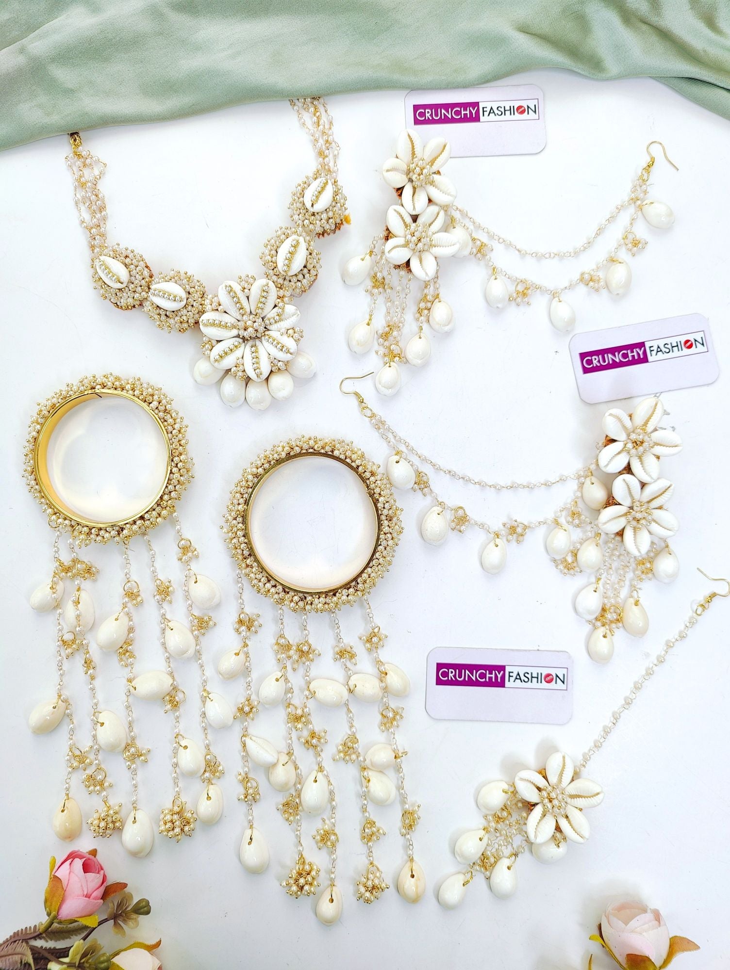 Ivory Pearl & Sea Shell Jewelry Set with Kaliras for Haldi Carnival