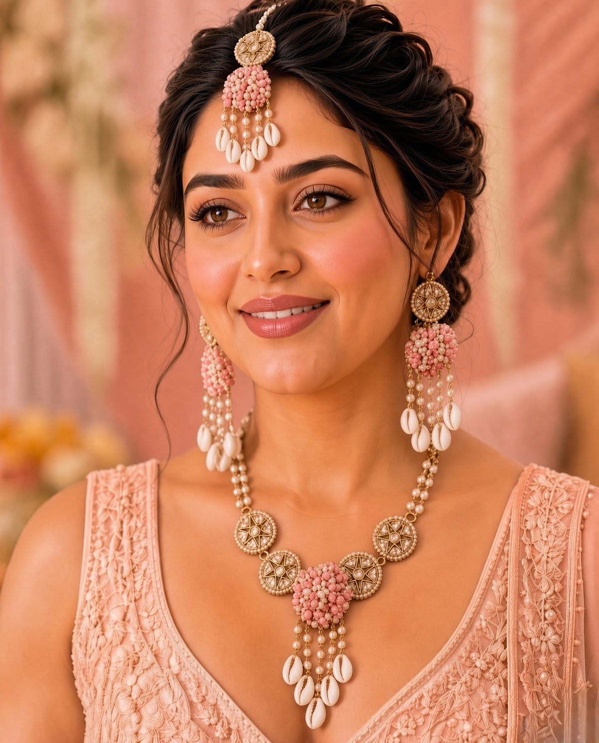 Baby Pink Pearls, Kundan & Sea Shell Flower Haldi Jewelry Set