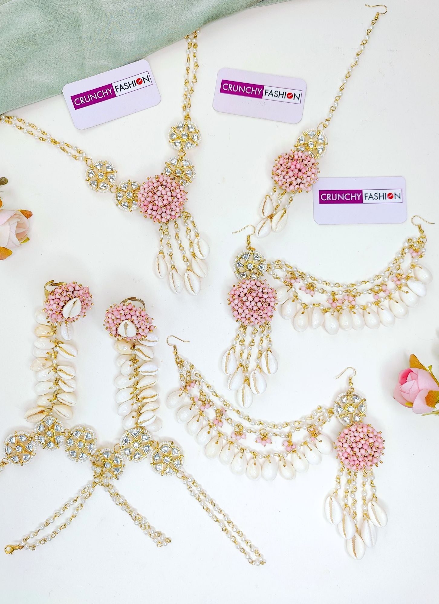 Light pink sea shell Haldi Mehndi jewellery set with gold plating and flower design, ideal for women and girls