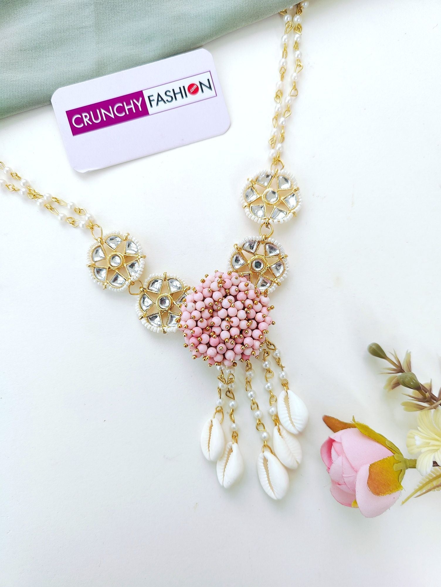 Light pink sea shell Haldi Mehndi jewellery set with gold plating and flower design, ideal for women and girls