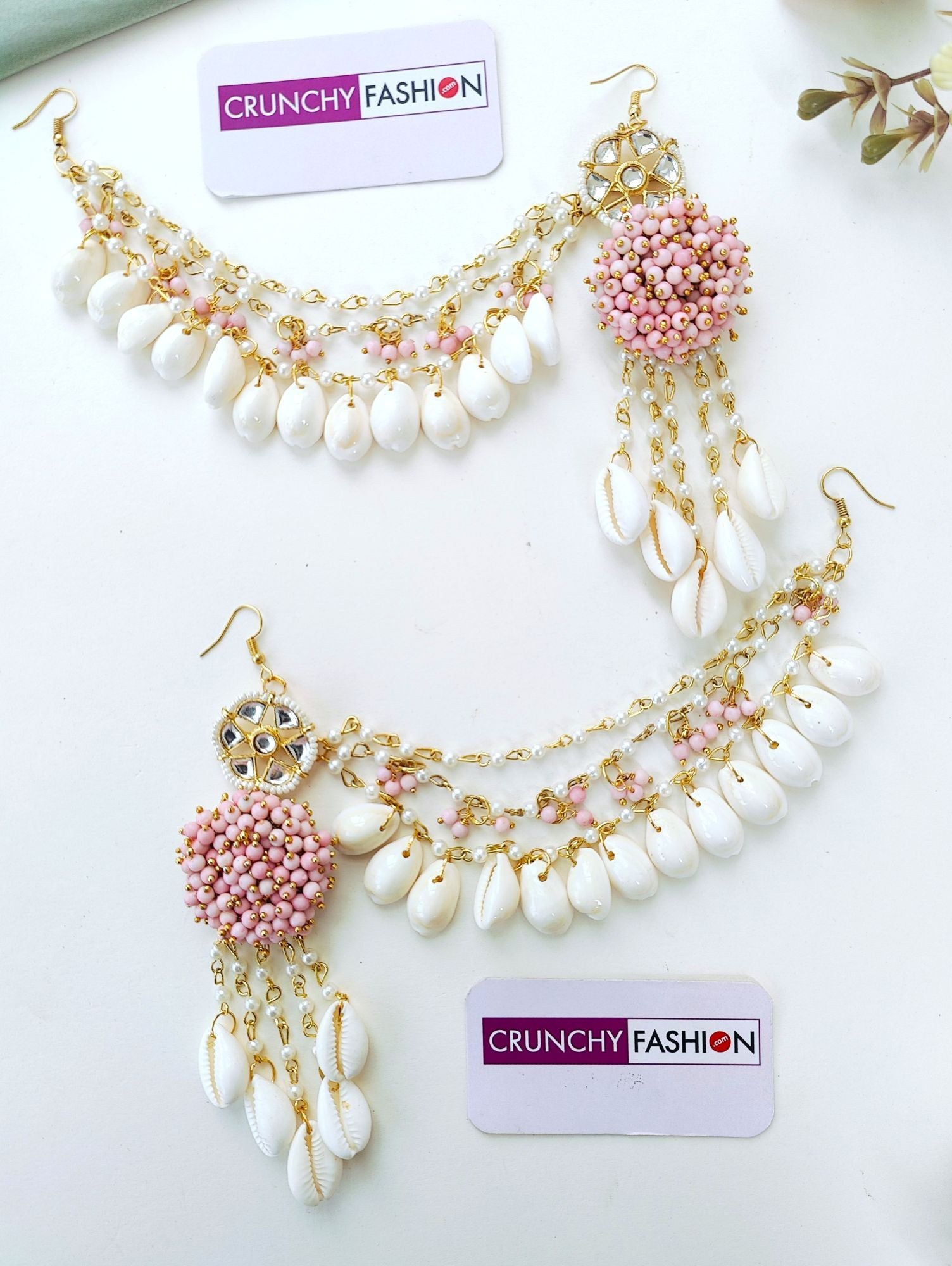 Light pink sea shell Haldi Mehndi jewellery set with gold plating and flower design, ideal for women and girls