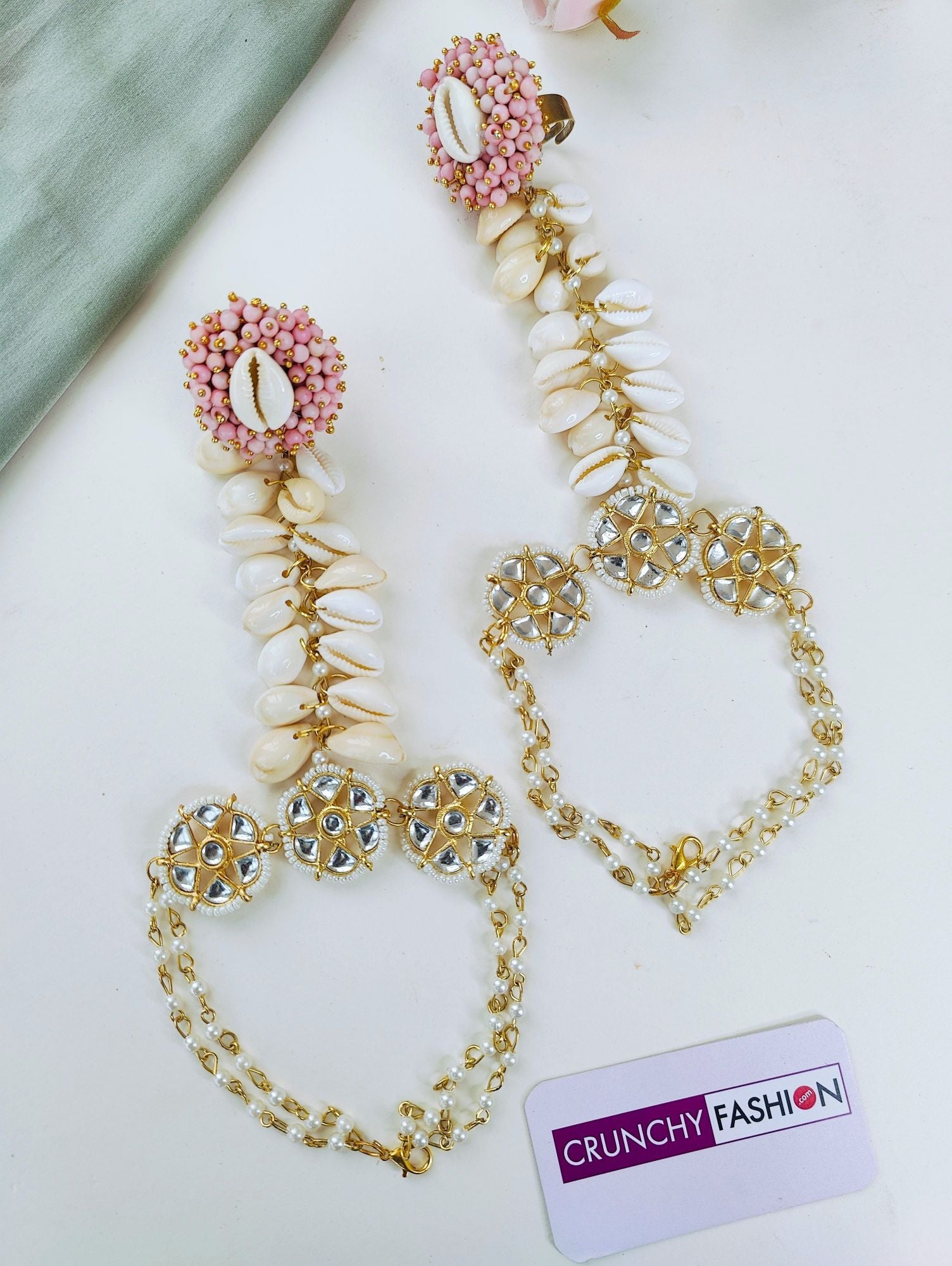 Light pink sea shell Haldi Mehndi jewellery set with gold plating and flower design, ideal for women and girls