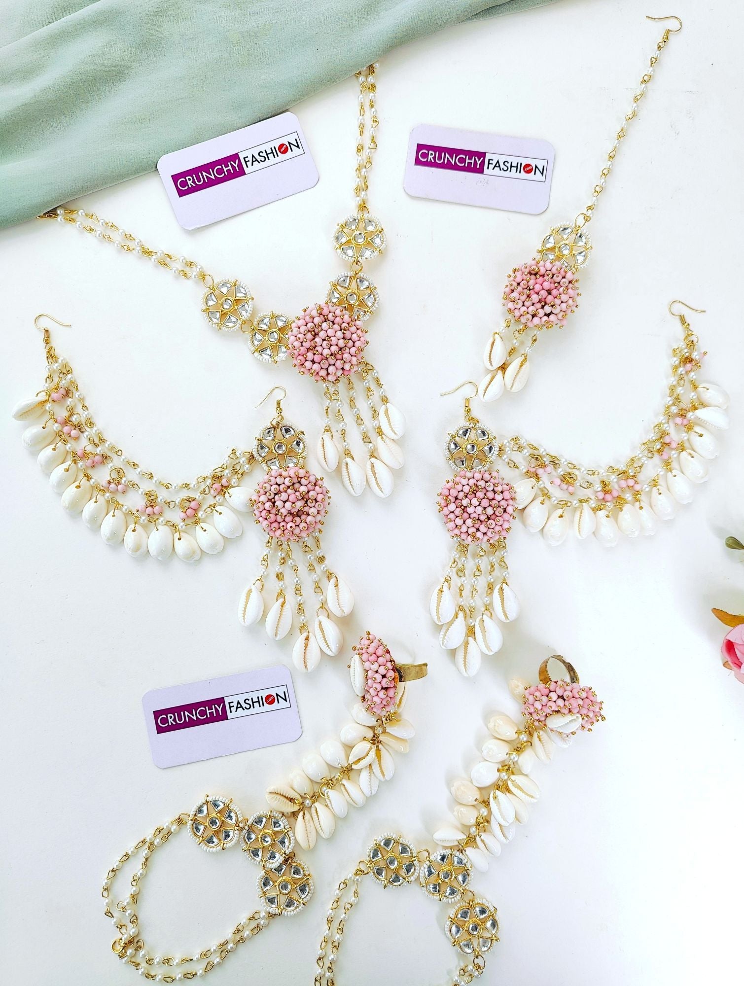 Light pink sea shell Haldi Mehndi jewellery set with gold plating and flower design, ideal for women and girls