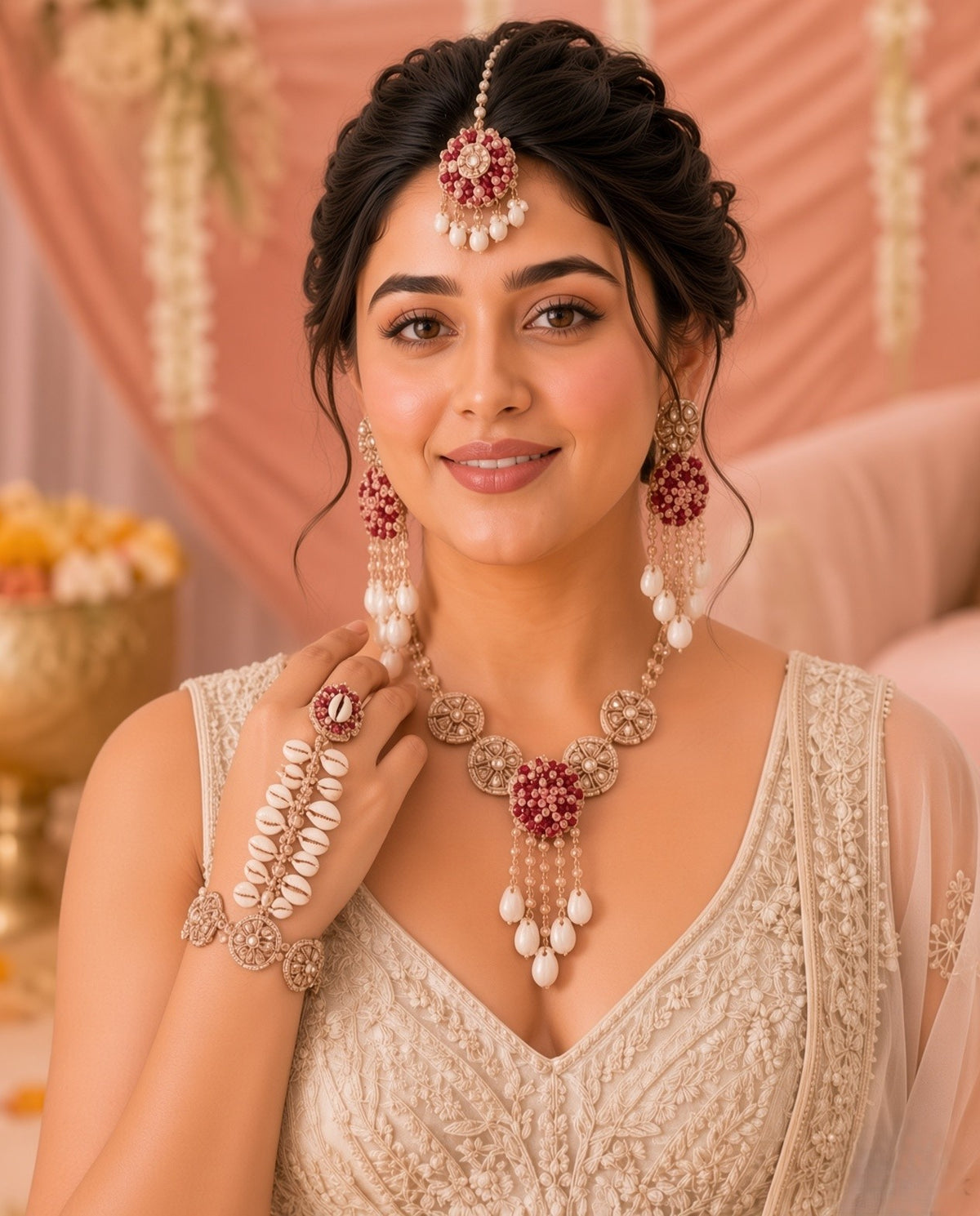 Pink Pearls & Sea Shell Haldi Mehndi Jewellery Set