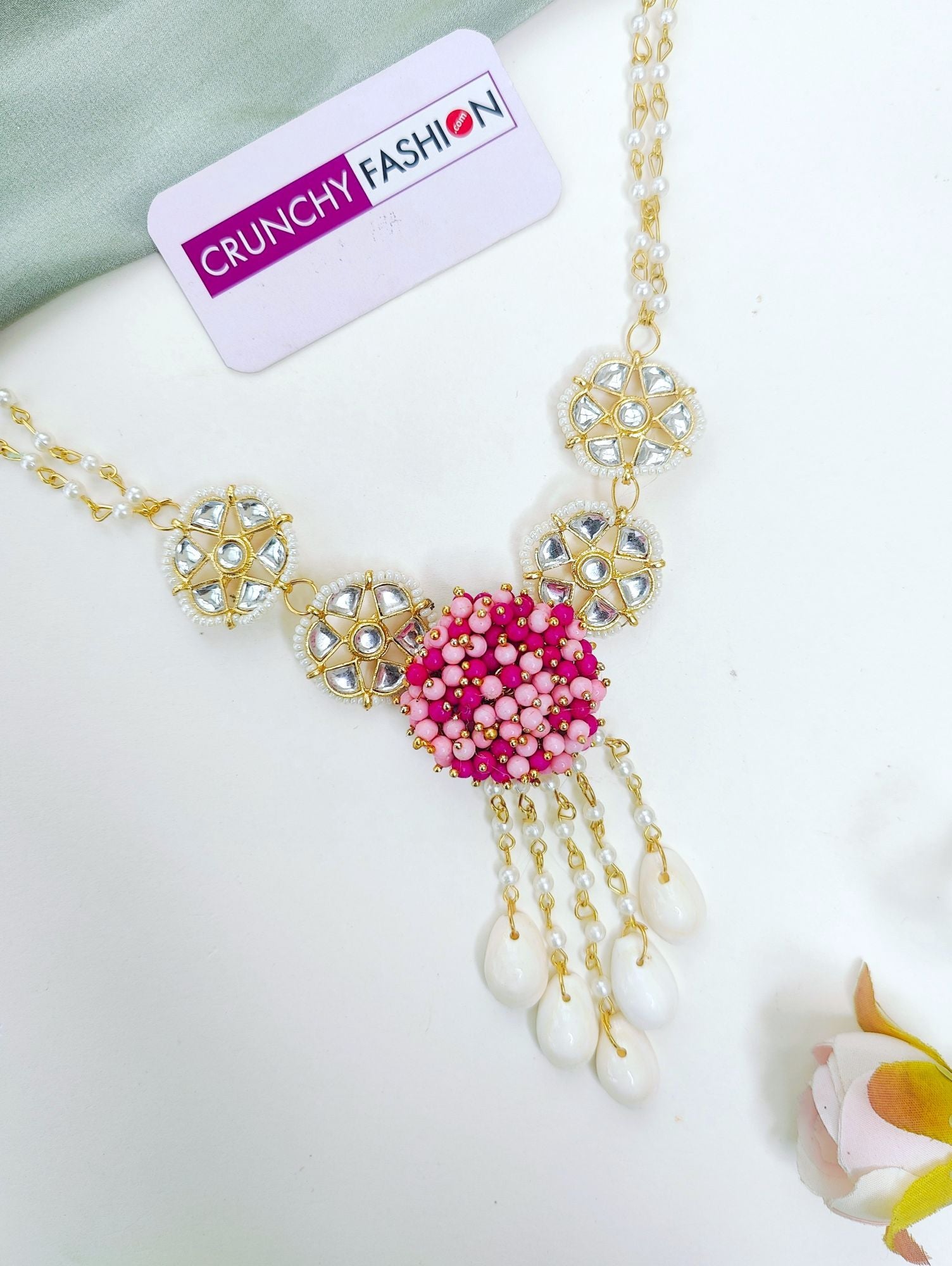 Hot Pink & Baby Pink Haldi Mehndi for Women|Girls: necklace, earrings, maang tika, hathphools, gold plating, flower design