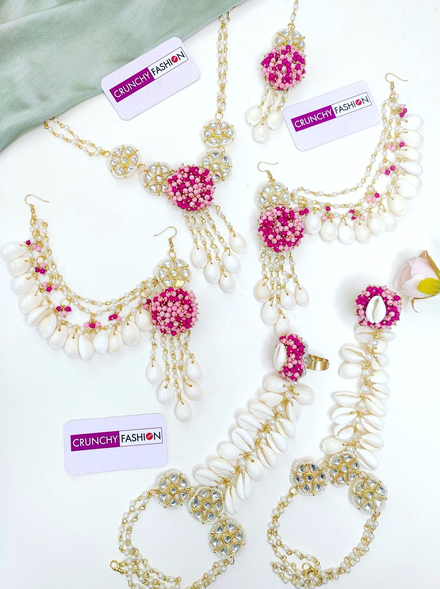 Hot Pink & Baby Pink Haldi Mehndi for Women|Girls: necklace, earrings, maang tika, hathphools, gold plating, flower design