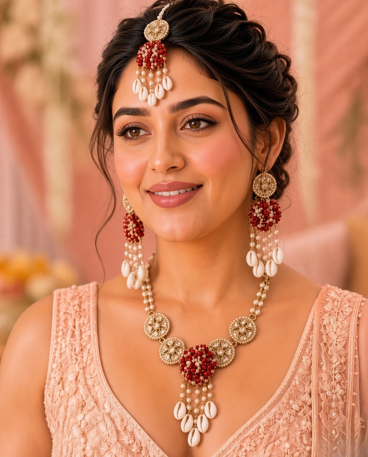 Red-White Pearls & Sea Shell and Pearl Jewelry Set for Haldi Carnival