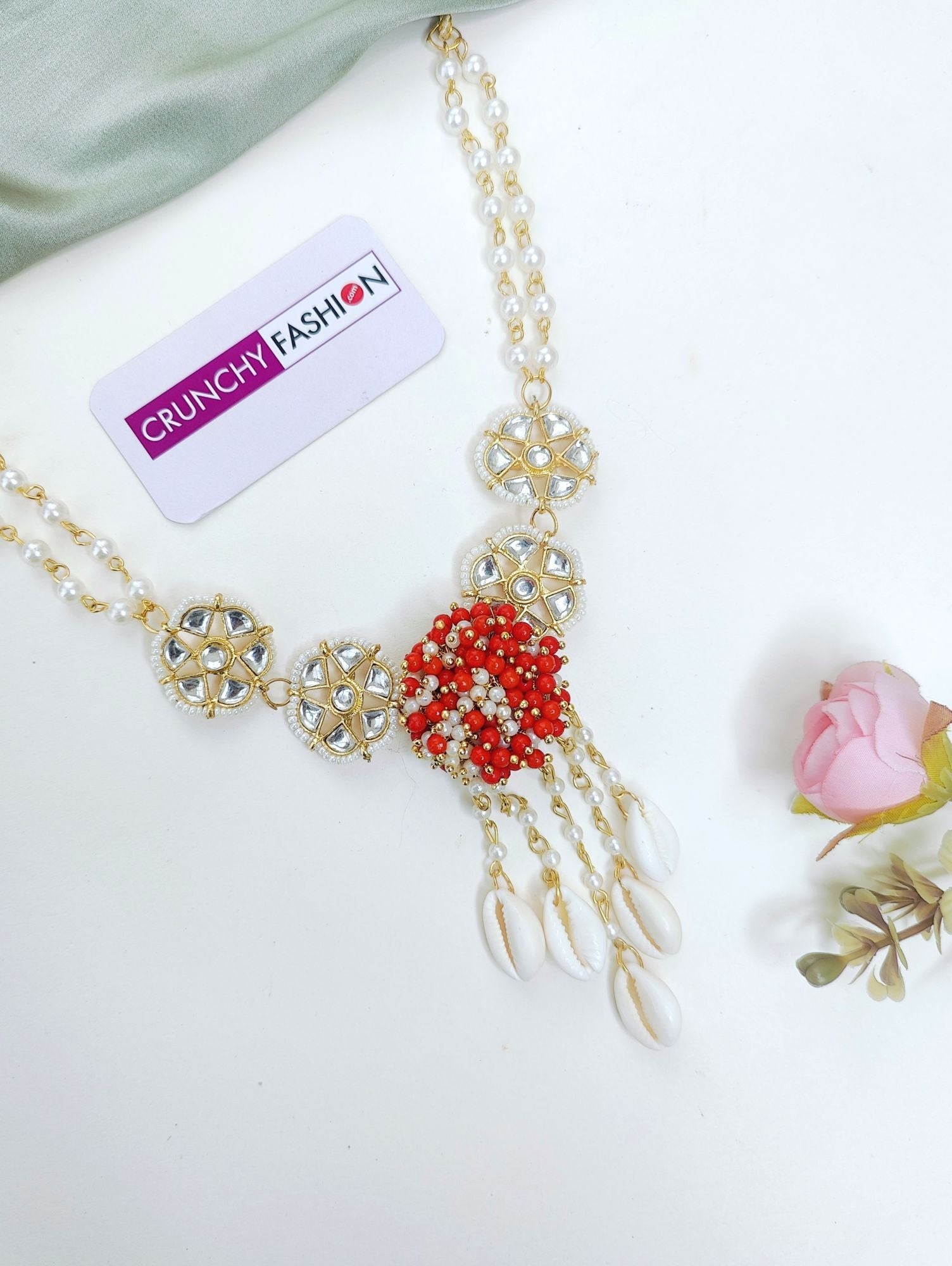 Gold-plated Haldi Mehndi Shell Jewellery Set with Hot Pink-Baby Pink Pearls, Flower Design for Women in Red