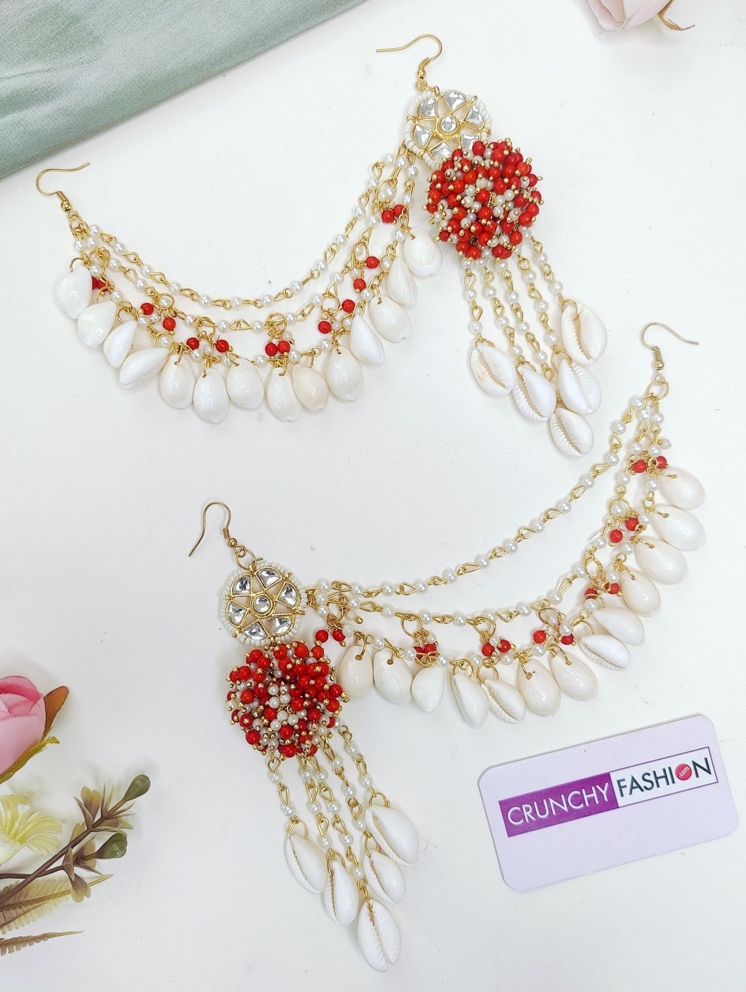 Red-White Pearls & Sea Shell and Pearl Jewelry Set for Haldi Carnival