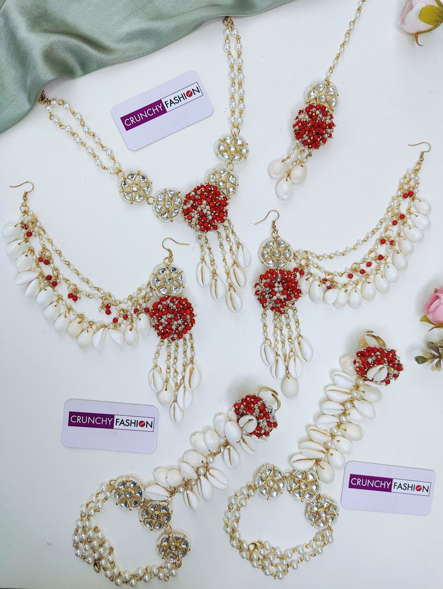 Gold-plated Haldi Mehndi Shell Jewellery Set with Hot Pink-Baby Pink Pearls, Flower Design for Women in Red