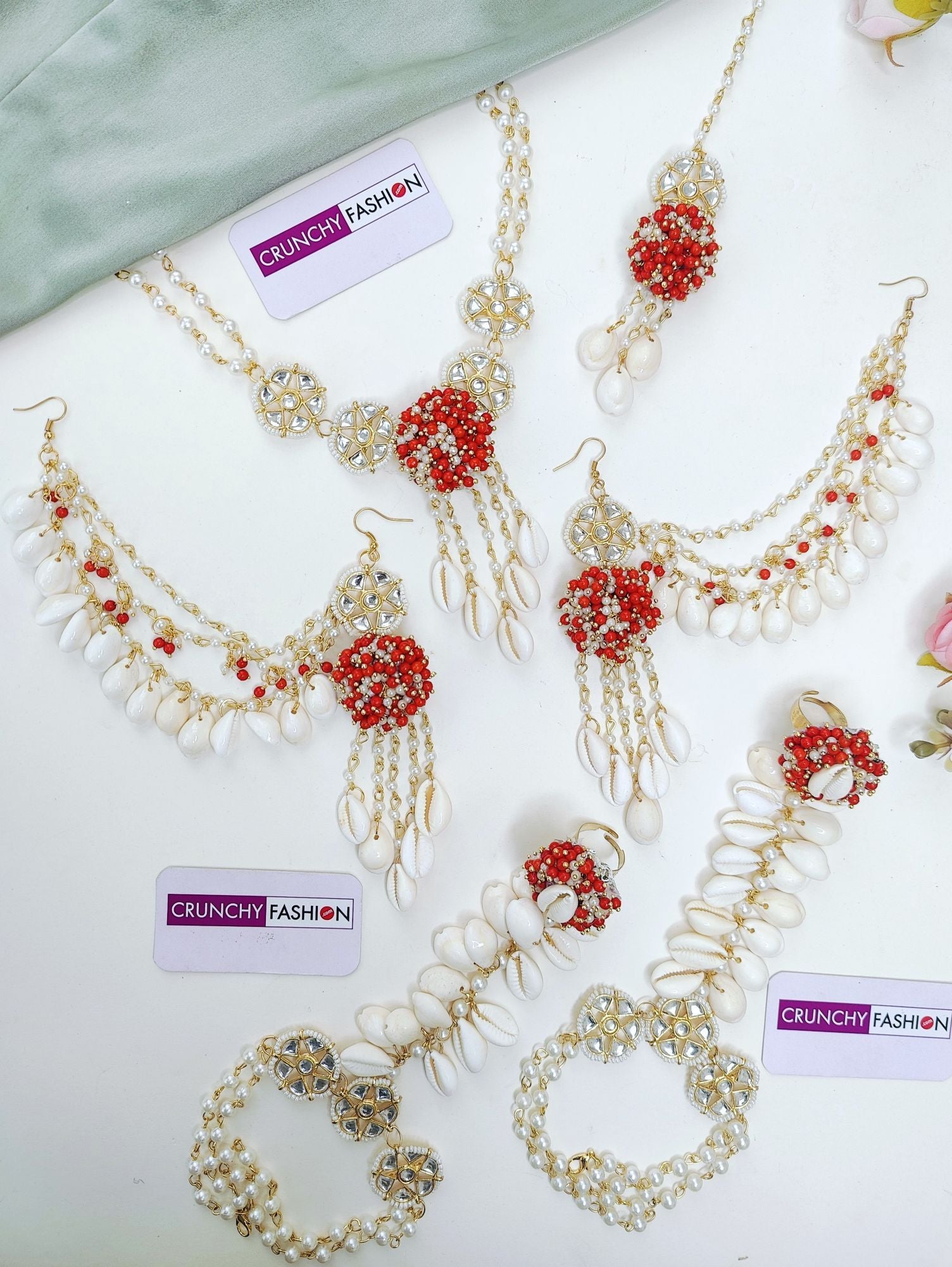 Gold-plated Haldi Mehndi Shell Jewellery Set with Hot Pink-Baby Pink Pearls, Flower Design for Women in Red