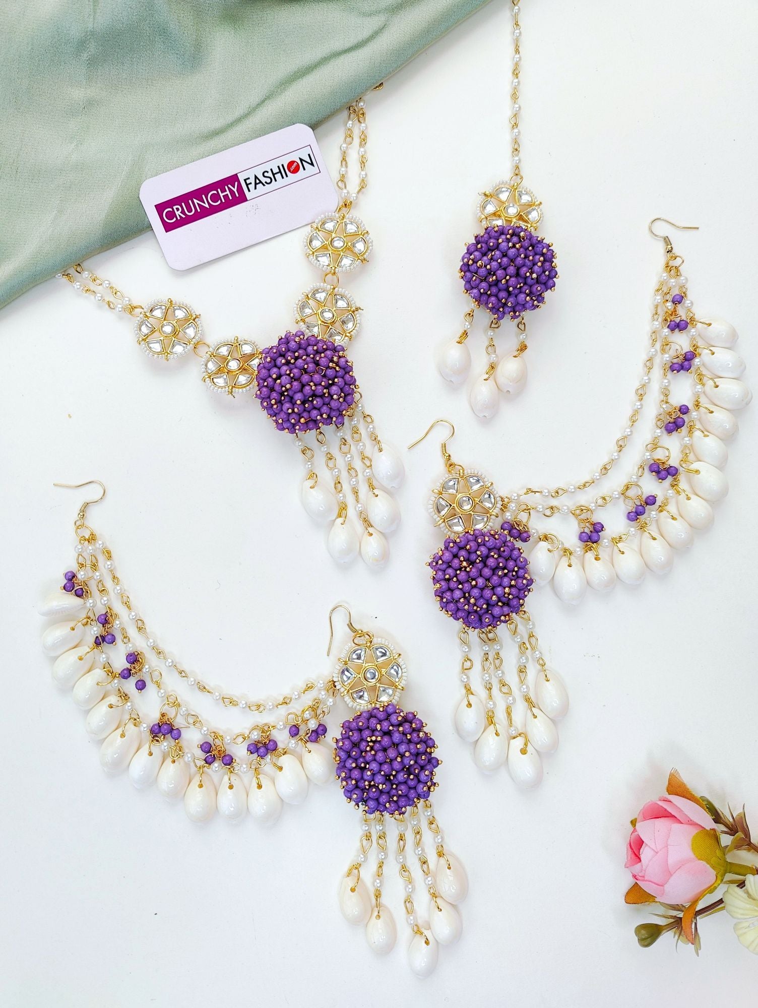Lavender floral Haldi Mehndi Jewellery set with seashell, Kundan & pearls, ideal for women, girls & various occasions.