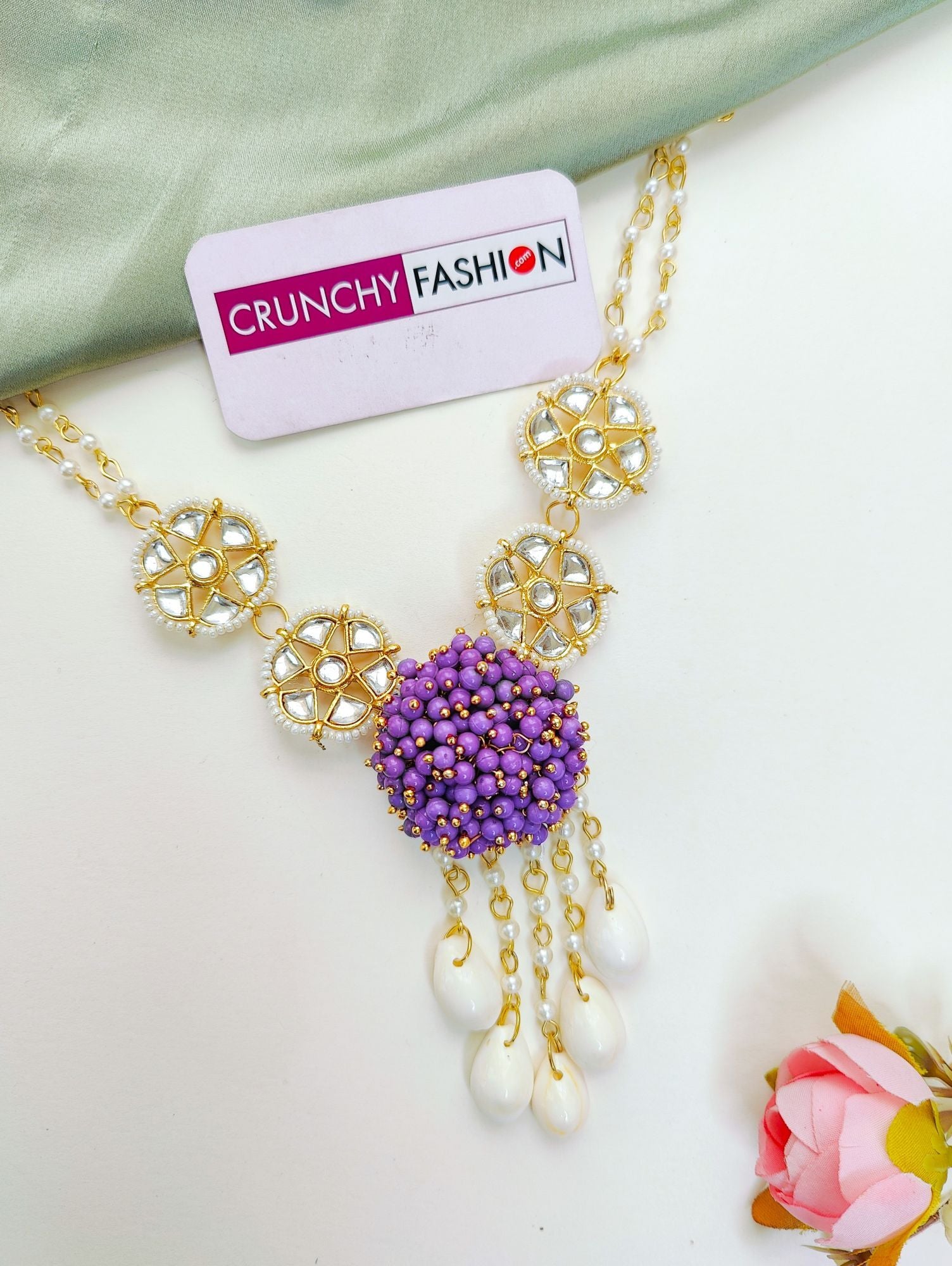 Lavender floral Haldi Mehndi Jewellery set with seashell, Kundan & pearls, ideal for women, girls & various occasions.