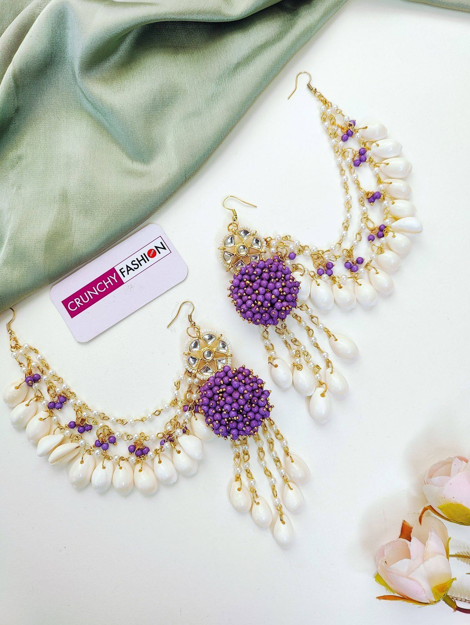 Lavender floral Haldi Mehndi Jewellery set with seashell, Kundan & pearls, ideal for women, girls & various occasions.